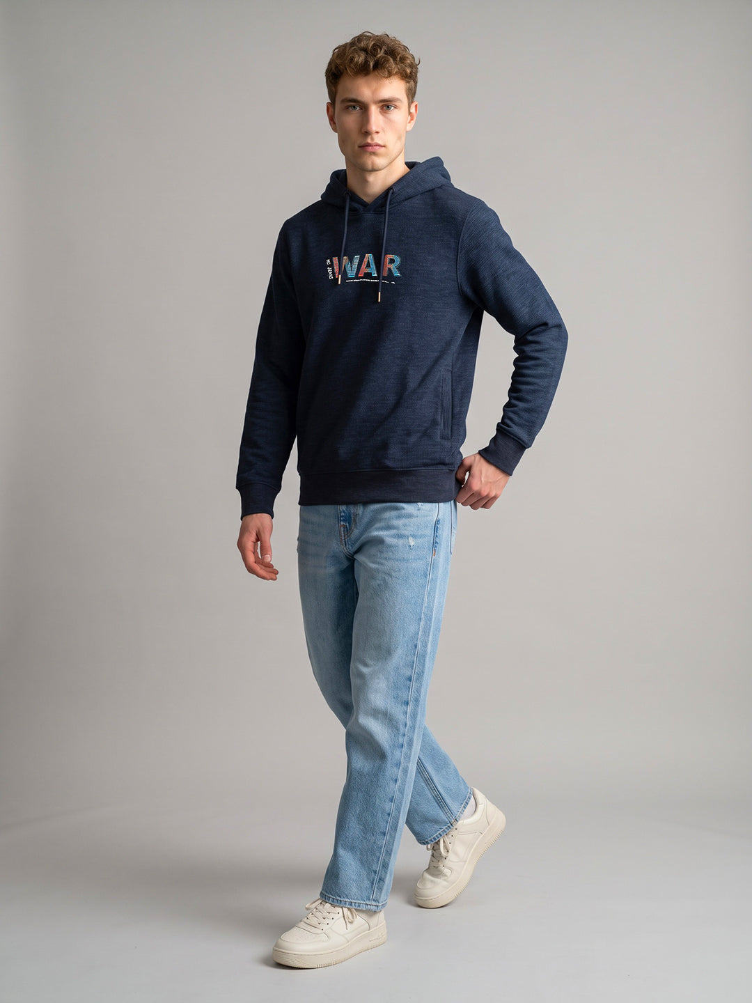 Men Navy Blue Self Design Hooded Full Sleeve Sweatshirt