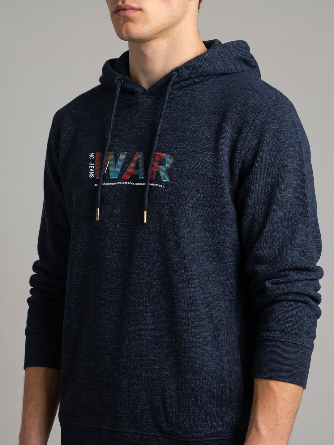 Men Navy Blue Self Design Hooded Full Sleeve Sweatshirt