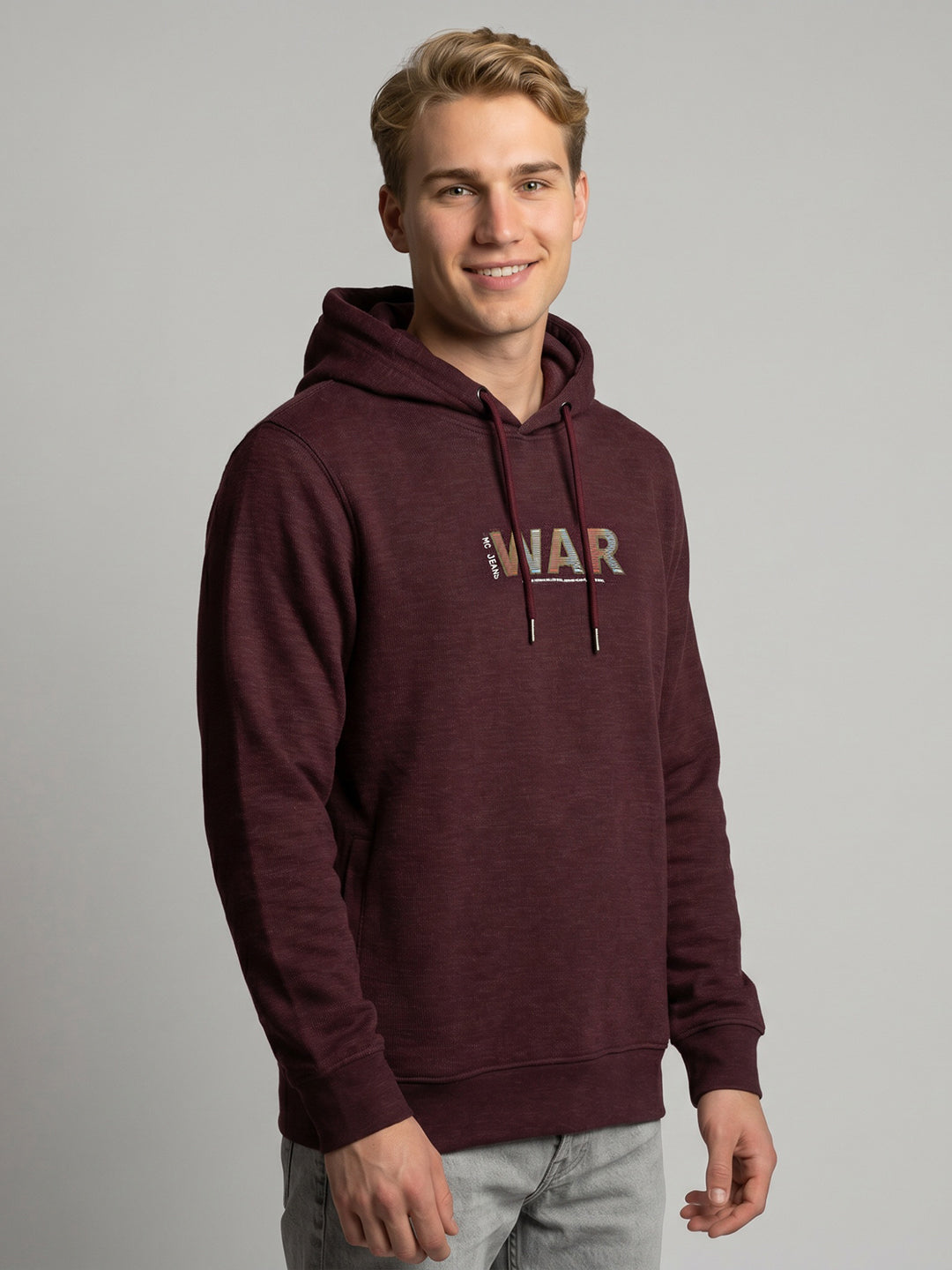 Men Maroon Self Design Hooded Full Sleeve Sweatshirt