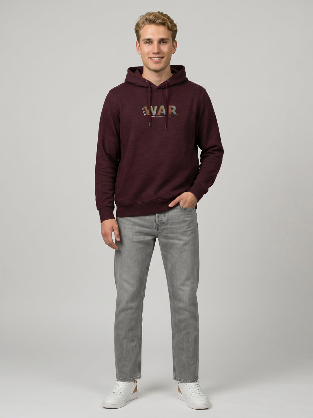 Men Maroon Self Design Hooded Full Sleeve Sweatshirt