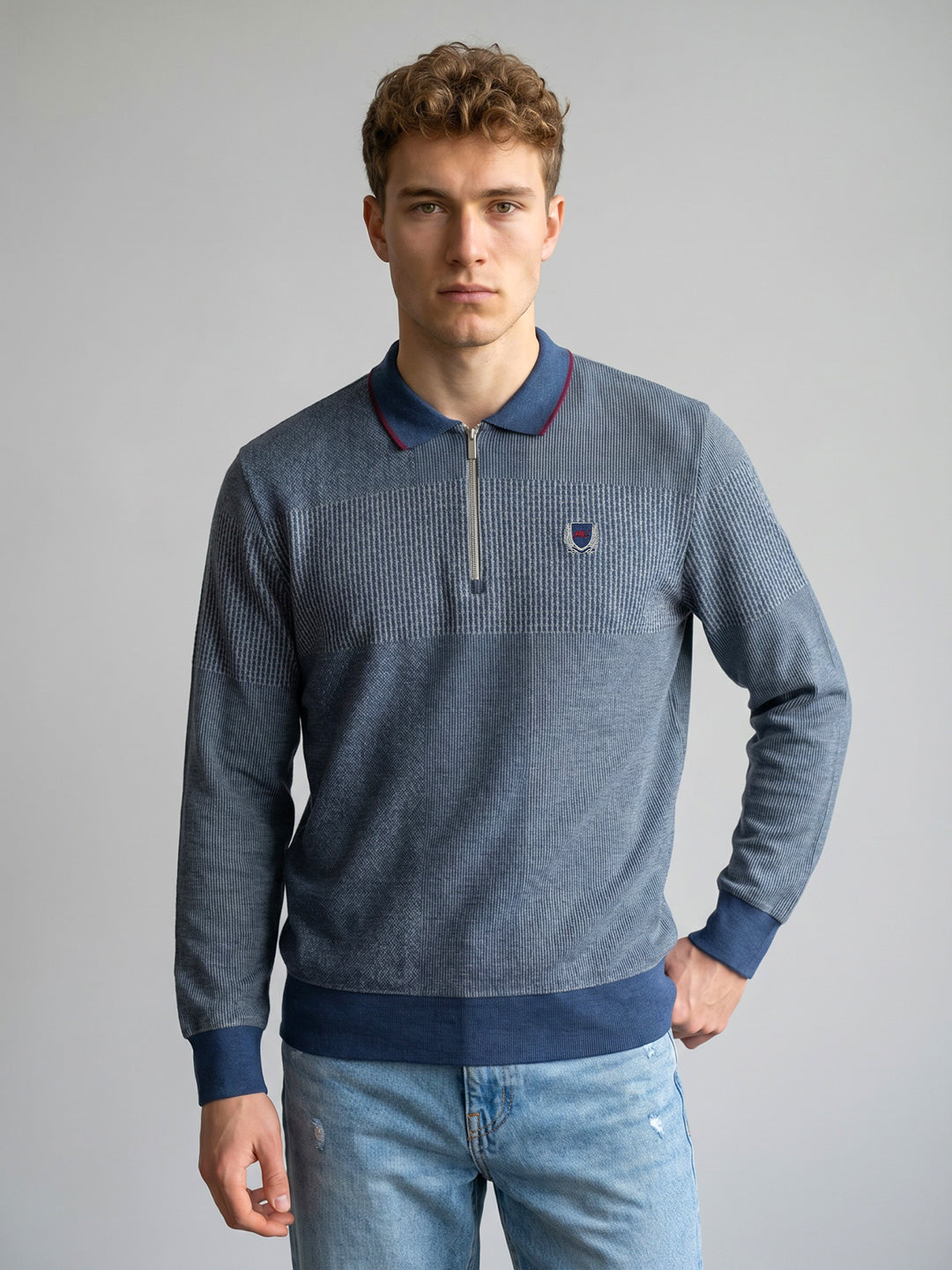 Men Blue Jacquard Collar Full Sleeve Sweatshirt