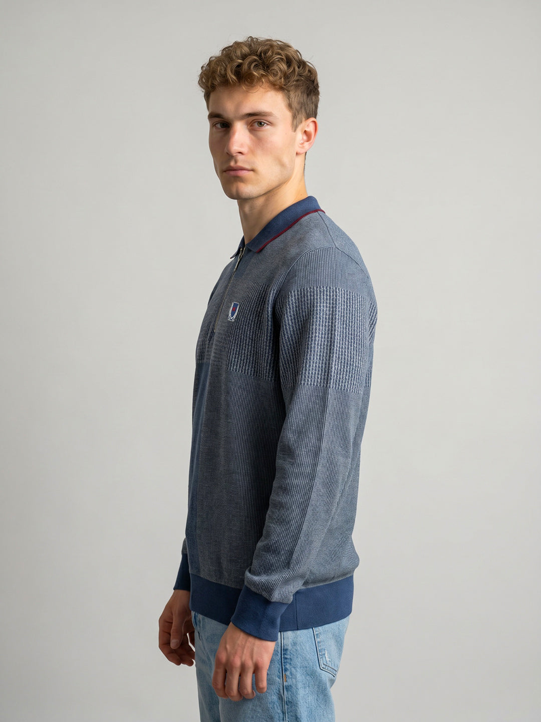 Men Blue Jacquard Collar Full Sleeve Sweatshirt