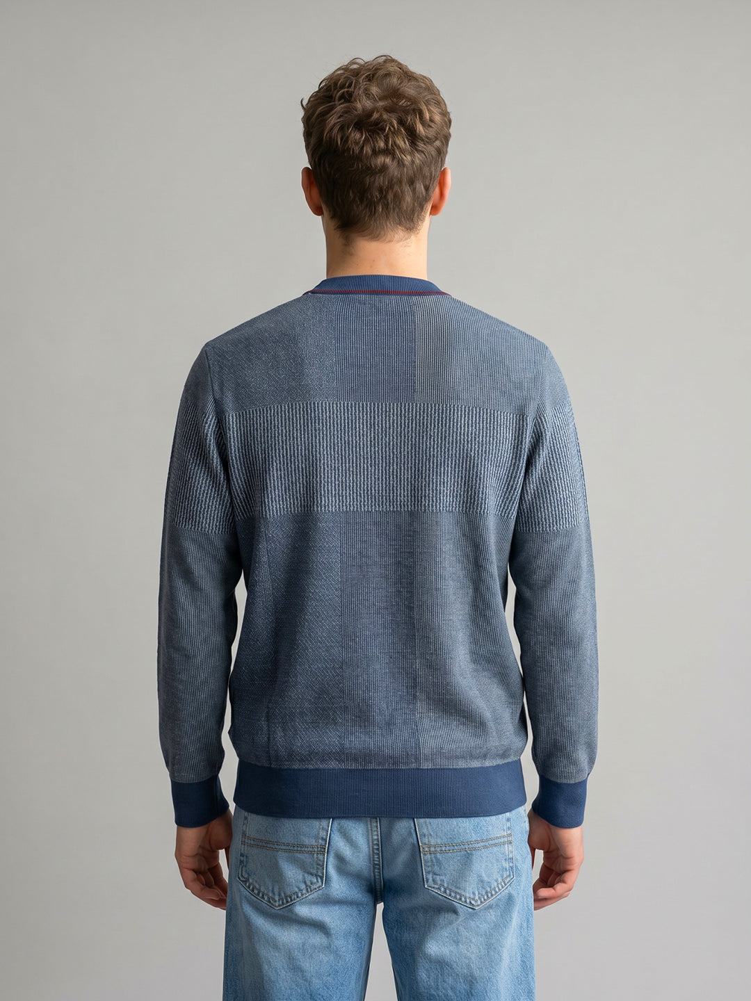 Men Blue Jacquard Collar Full Sleeve Sweatshirt