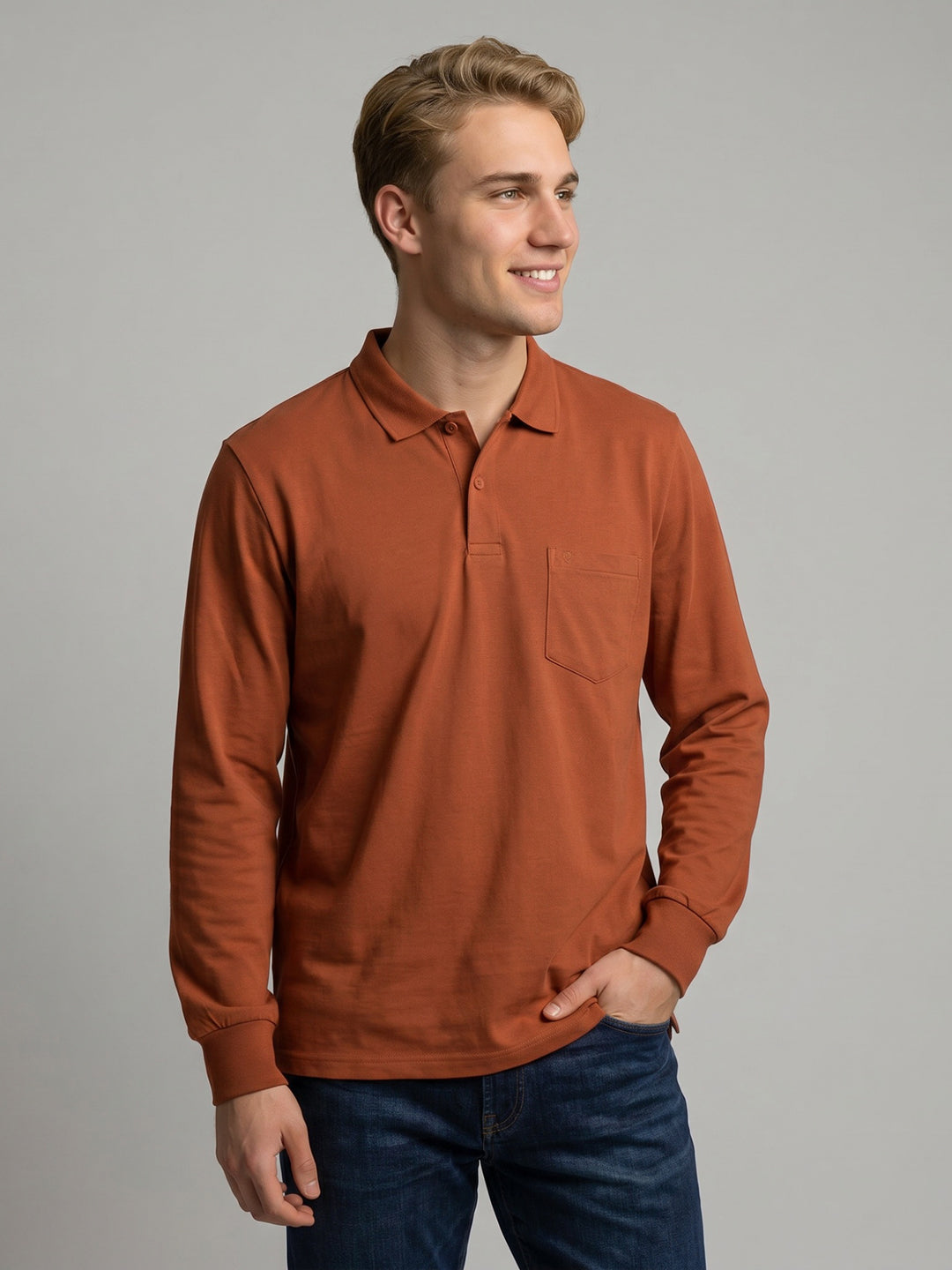 Men Rust Solid Polo Collar Full Sleeve T-Shirt