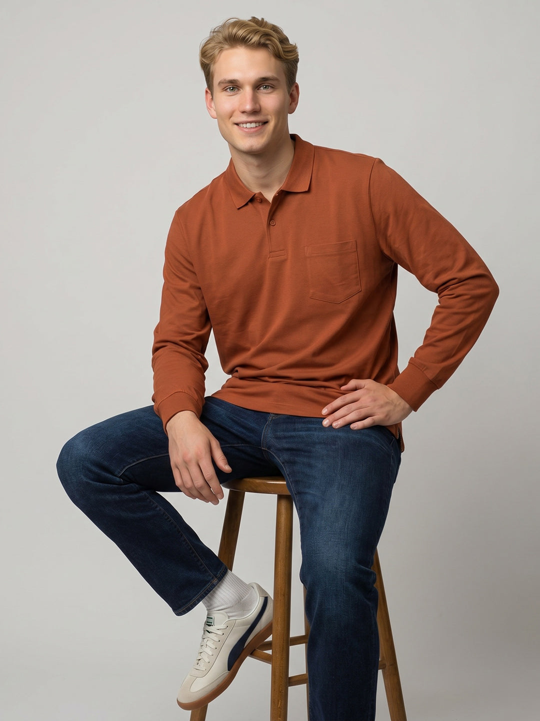 Men Rust Solid Polo Collar Full Sleeve T-Shirt