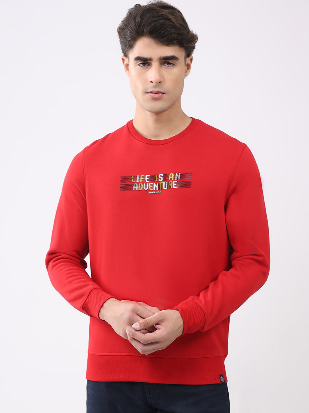 Men Red Solid Round Neck Full Sleeve Sweatshirt