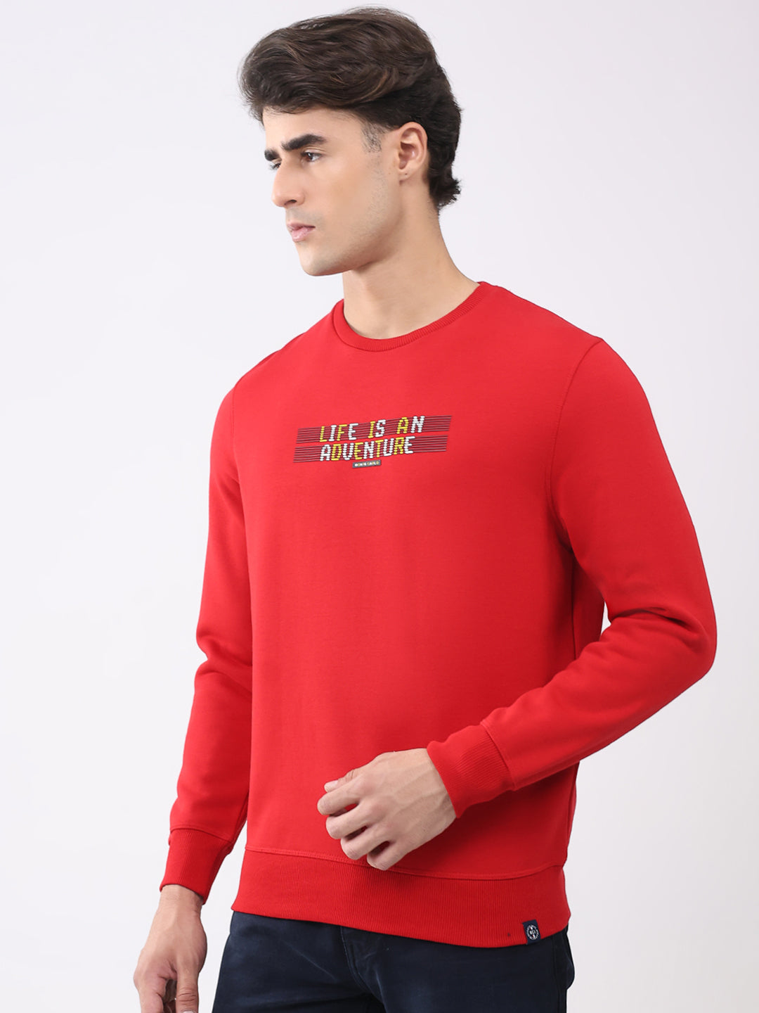 Men Red Solid Round Neck Full Sleeve Sweatshirt