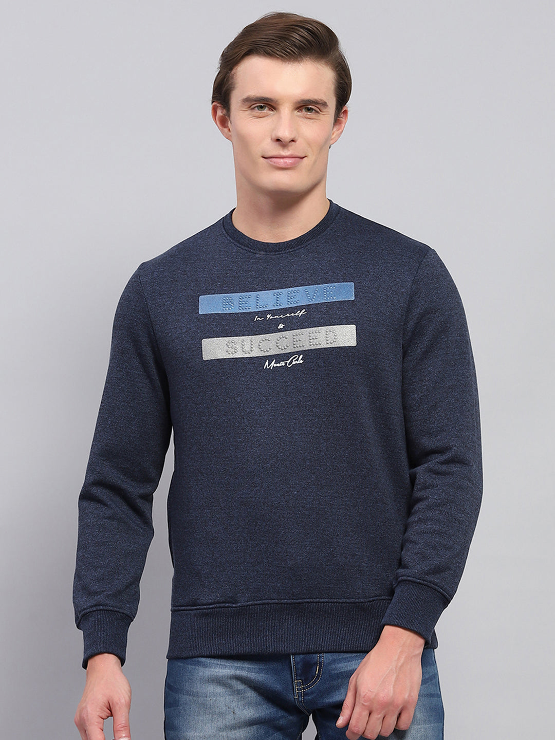 Men Navy Blue Printed Round Neck Full Sleeve Sweatshirt