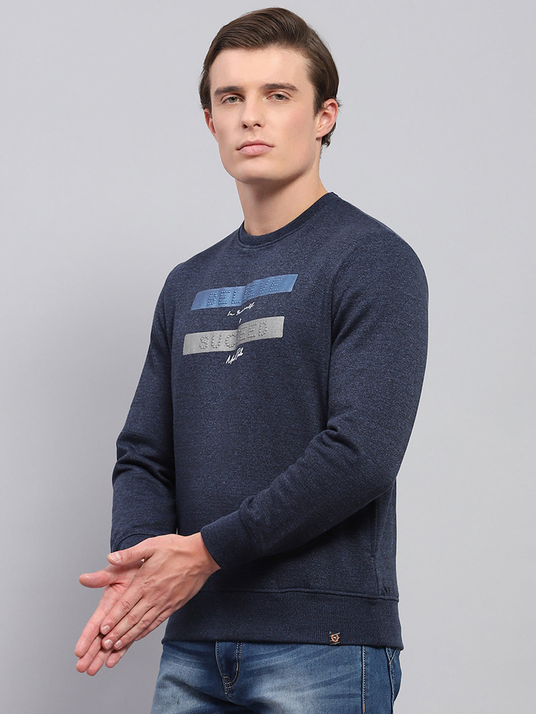 Men Navy Blue Printed Round Neck Full Sleeve Sweatshirt