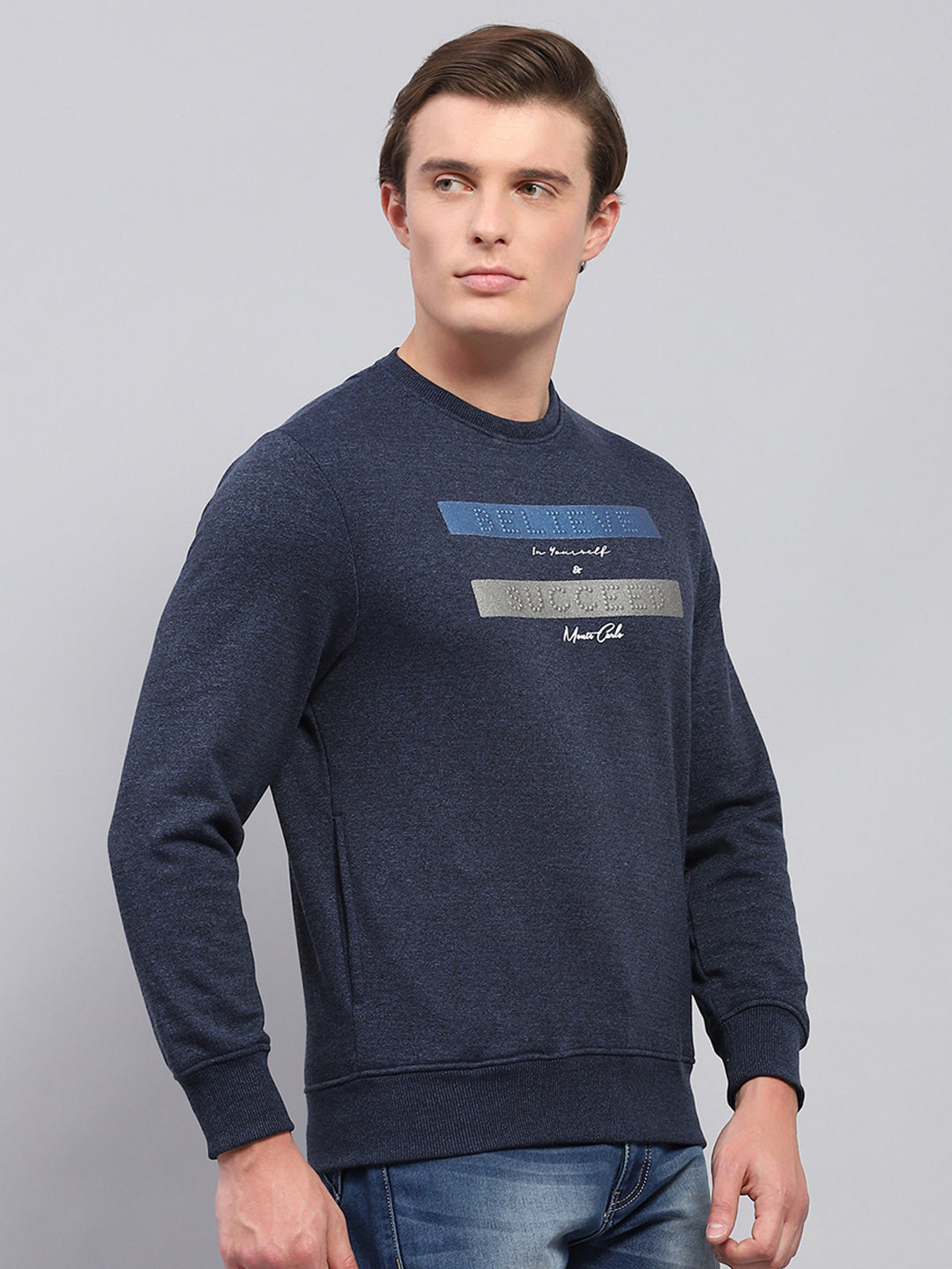 Men Navy Blue Printed Round Neck Full Sleeve Sweatshirt