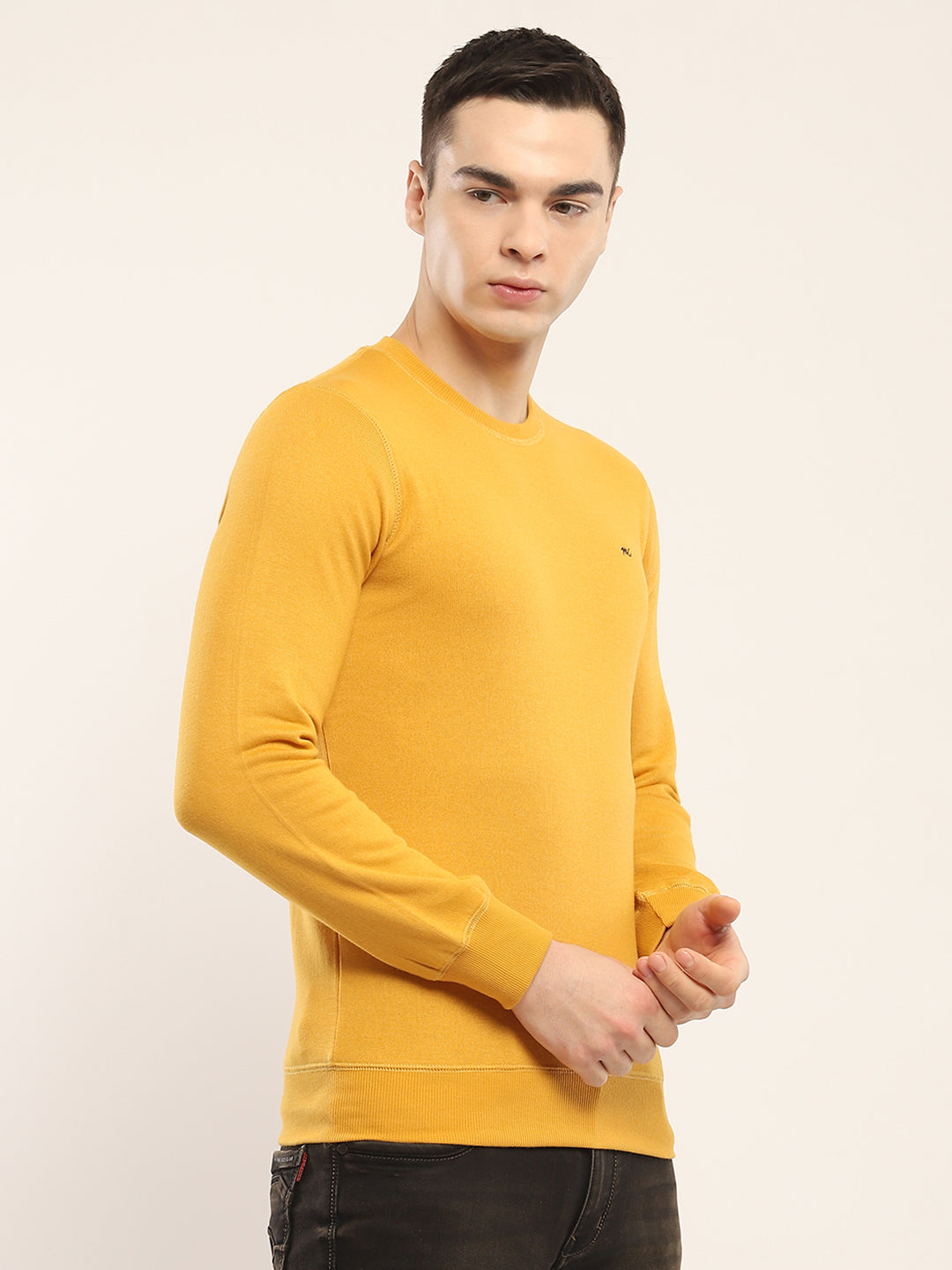 Men Yellow Solid Round Neck Full Sleeve Winter T-Shirt