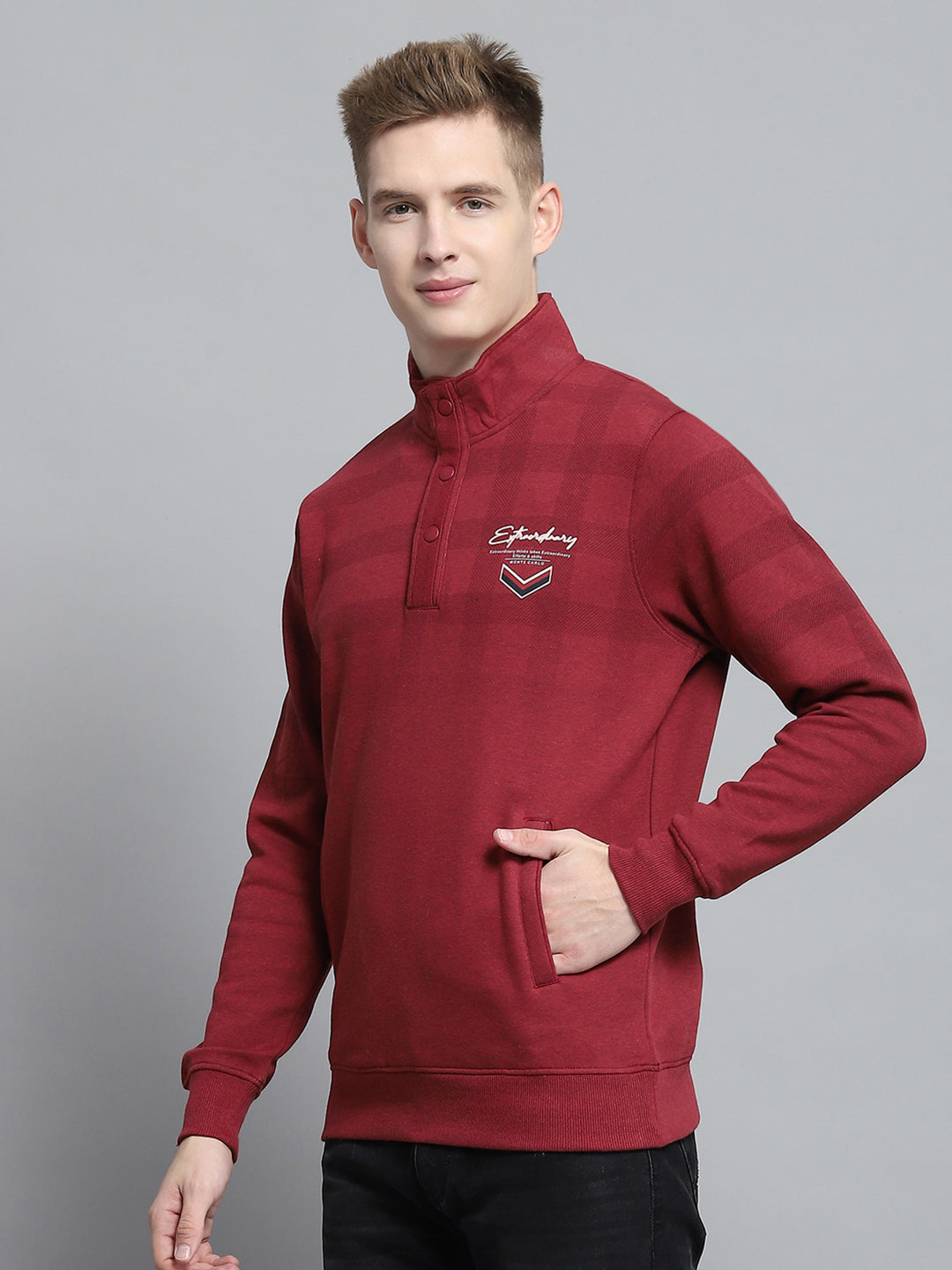 Men Maroon Printed Mock Neck Full Sleeve Sweatshirt