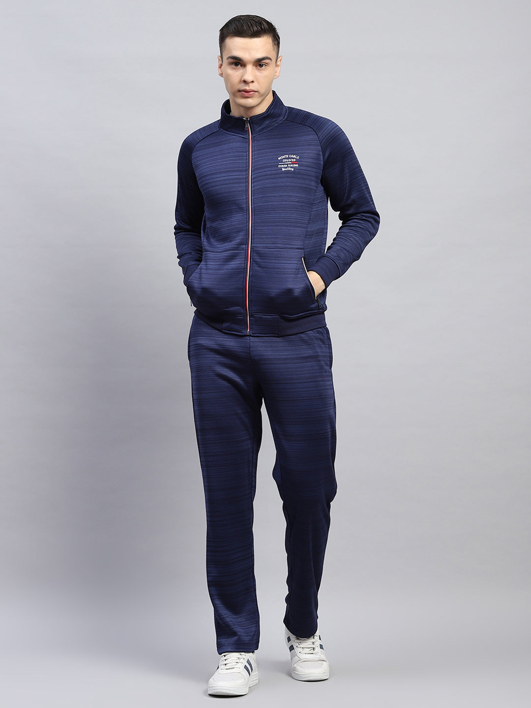 Men Blue Solid Mock Neck Full Sleeve Winter Tracksuit