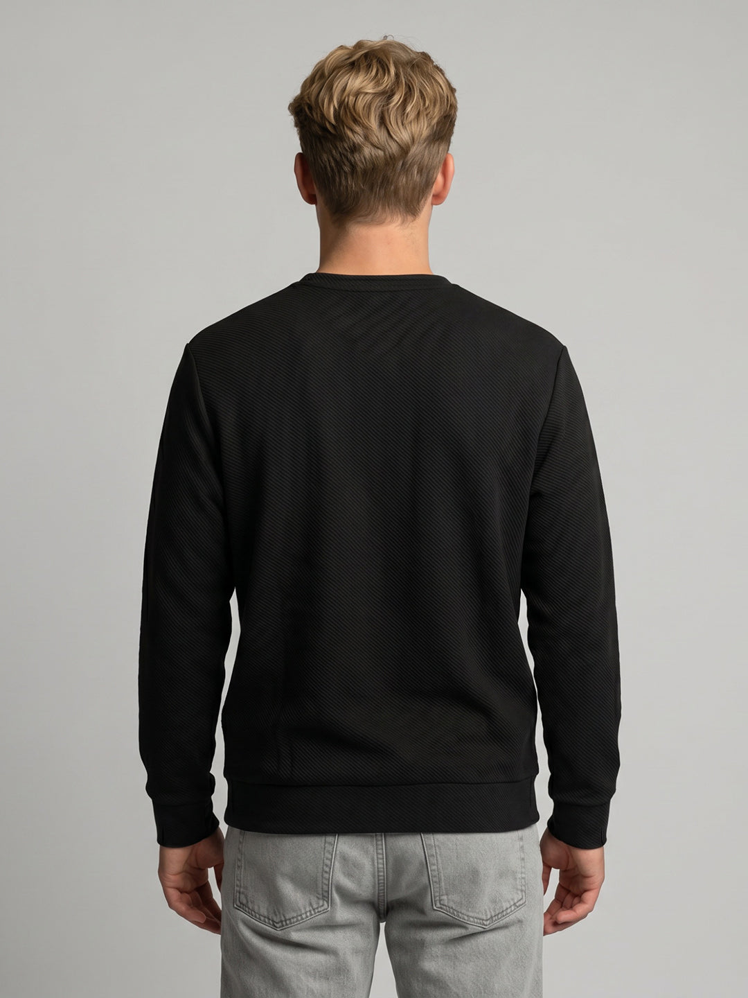 Luxuria Men Black Corduroy Round Neck Full Sleeve Sweatshirt