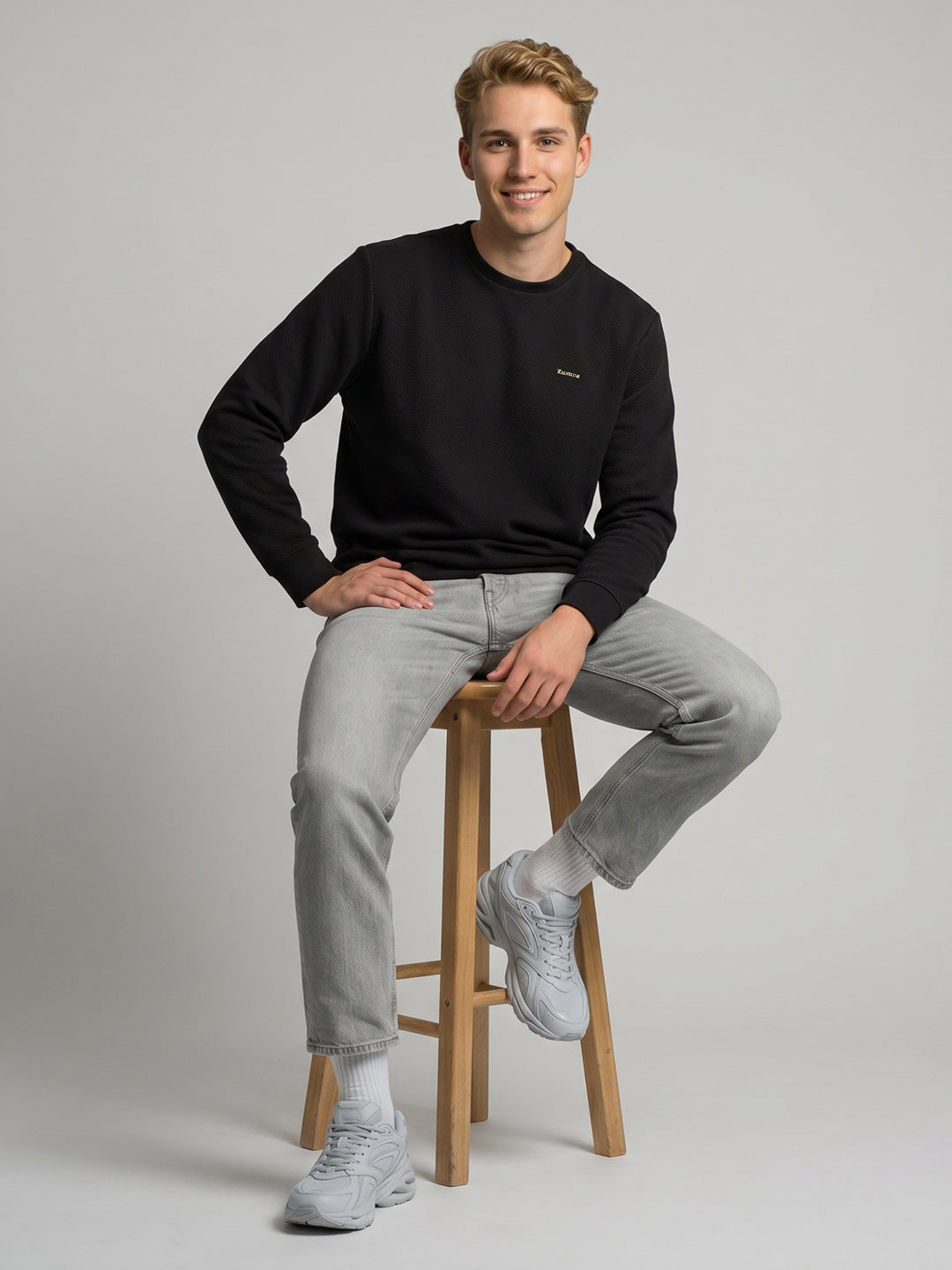 Luxuria Men Black Corduroy Round Neck Full Sleeve Sweatshirt