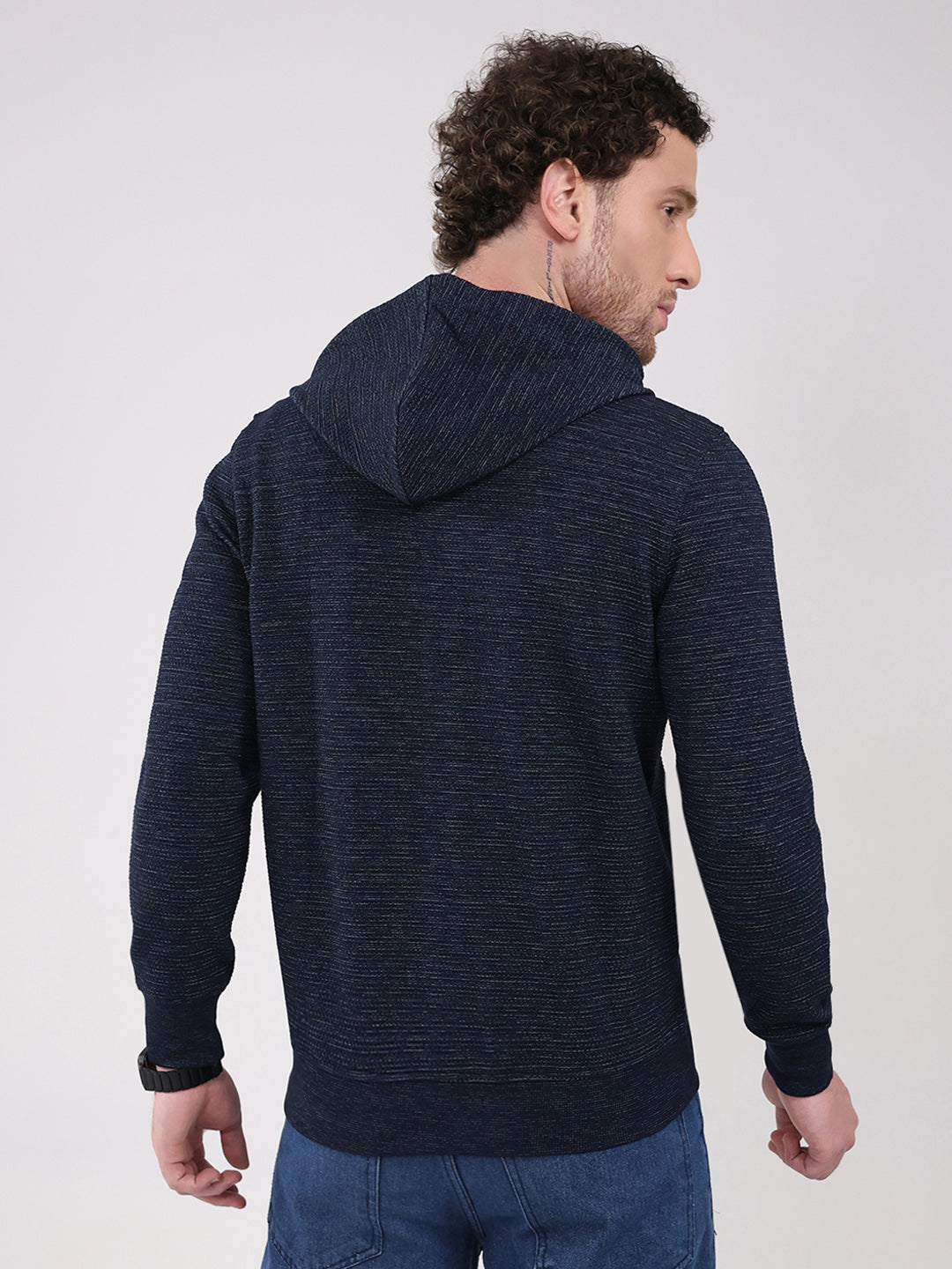 Luxuria Men Navy Blue Solid Hooded Full Sleeve Sweatshirt
