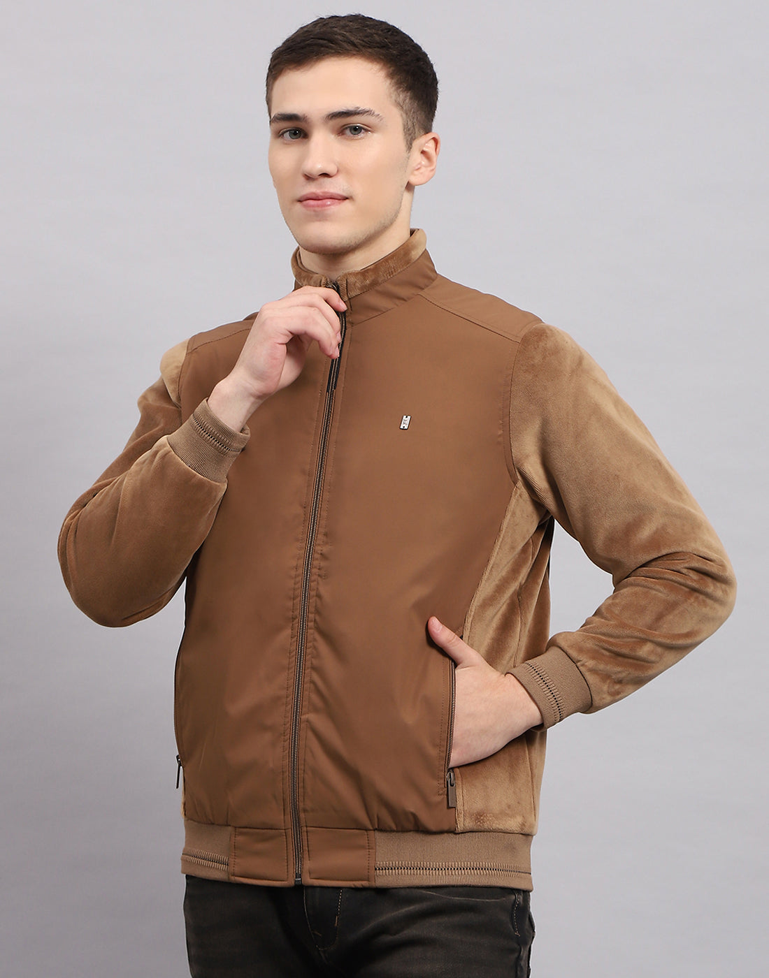Men Khaki Solid Mock Neck Full Sleeve Jacket