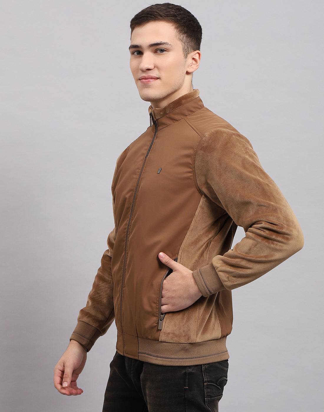Men Khaki Solid Mock Neck Full Sleeve Jacket