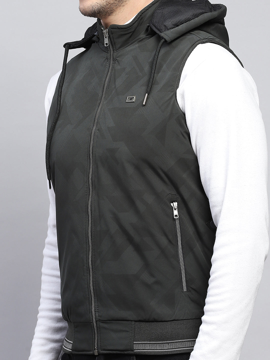 Men Dark Green Printed Hooded Sleeveless Jacket