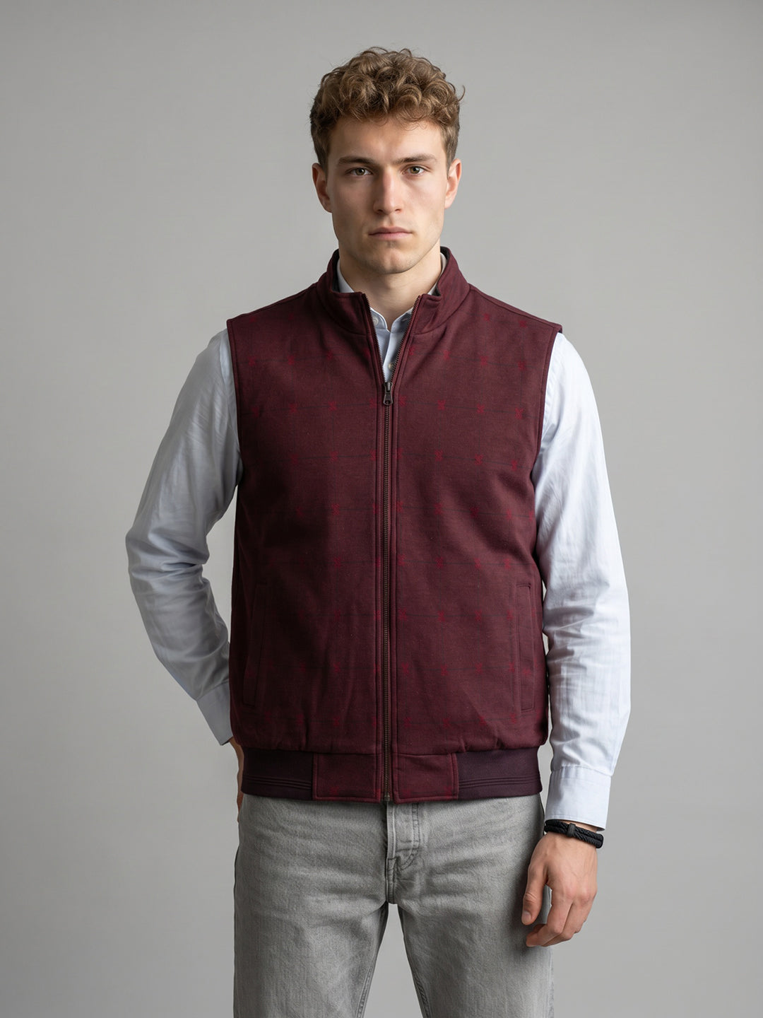 Men Navy Blue Solid Stand Collar Sleeveless Reversible Jacket