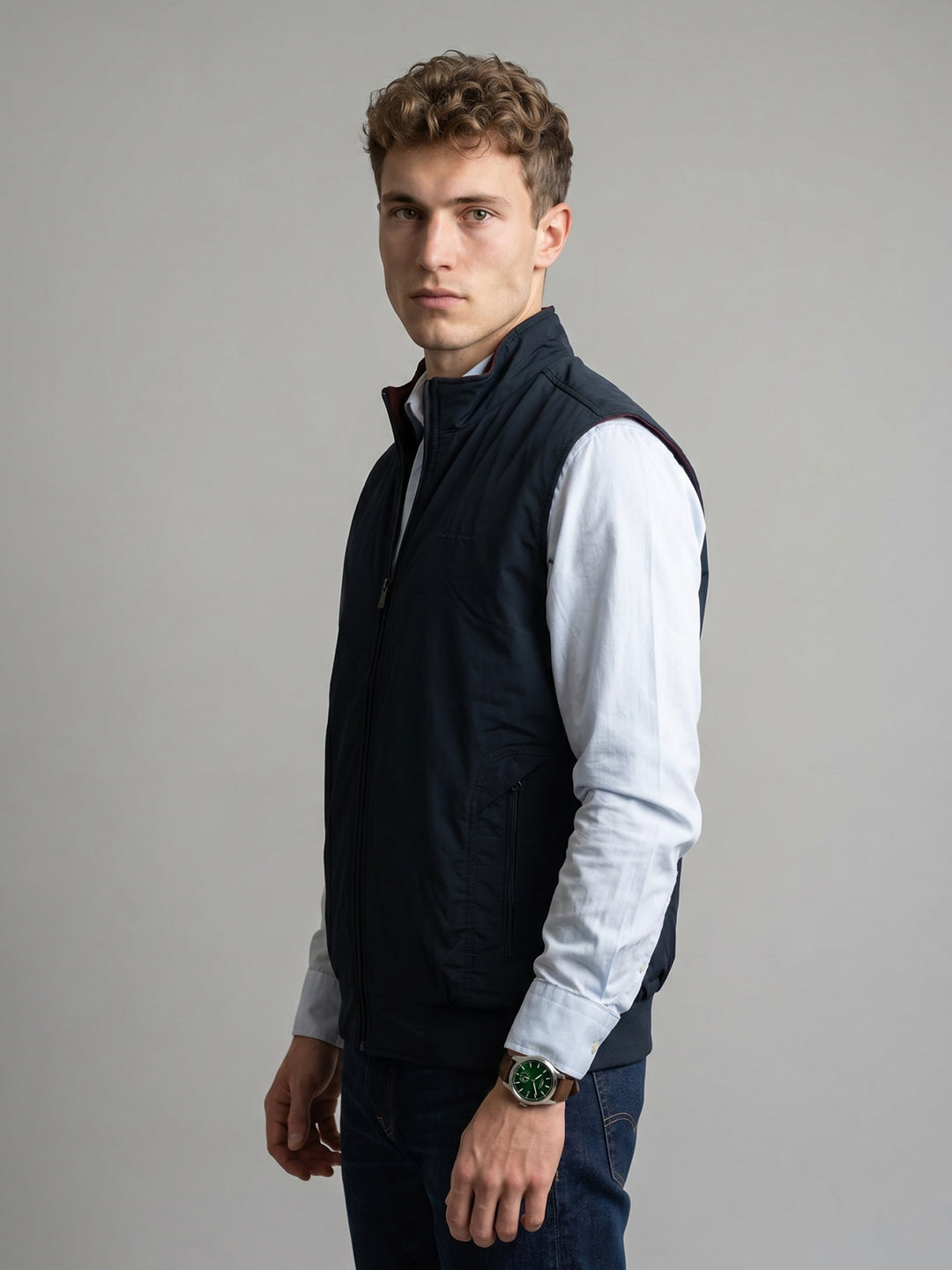 Men Navy Blue Solid Stand Collar Sleeveless Reversible Jacket