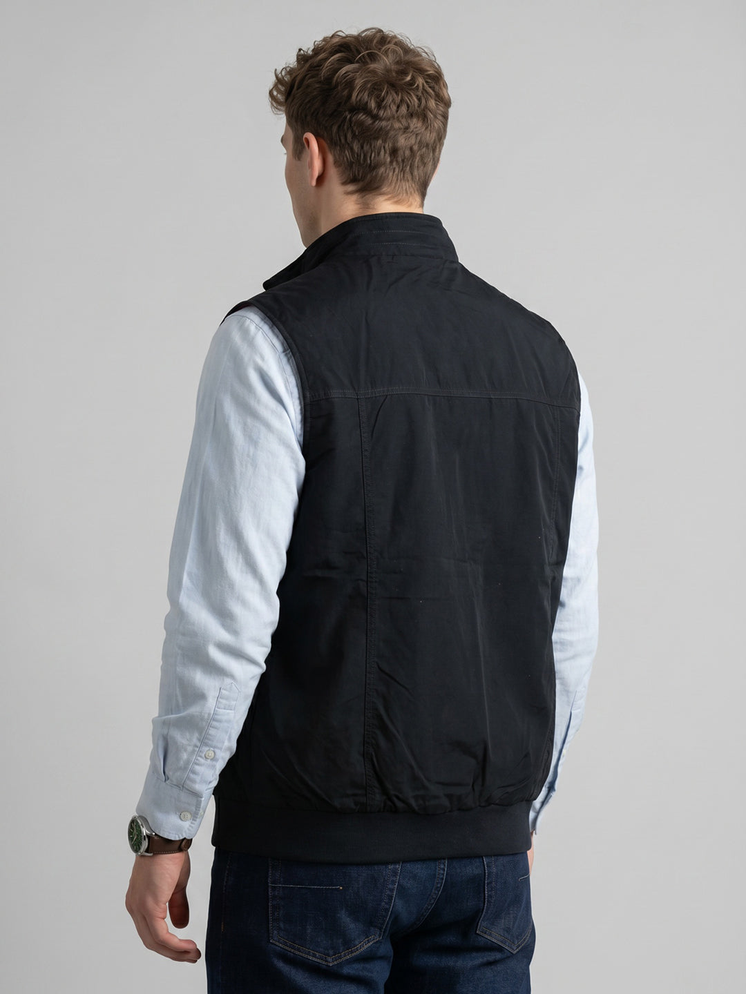 Men Navy Blue Solid Stand Collar Sleeveless Reversible Jacket