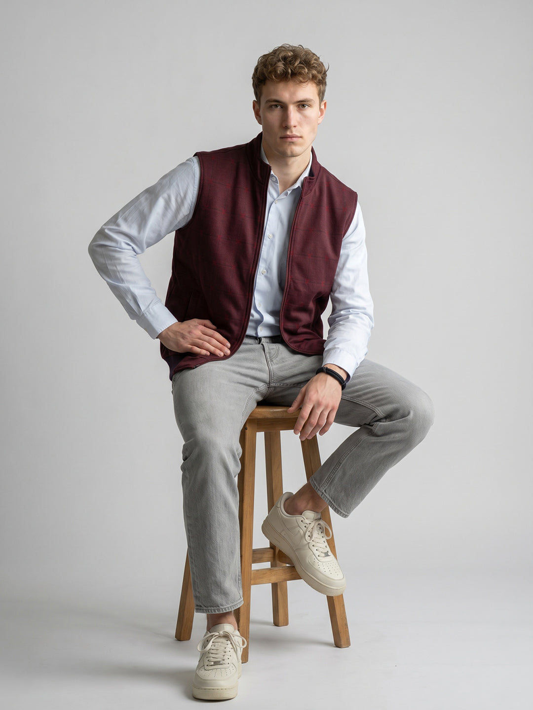 Men Navy Blue Solid Stand Collar Sleeveless Reversible Jacket