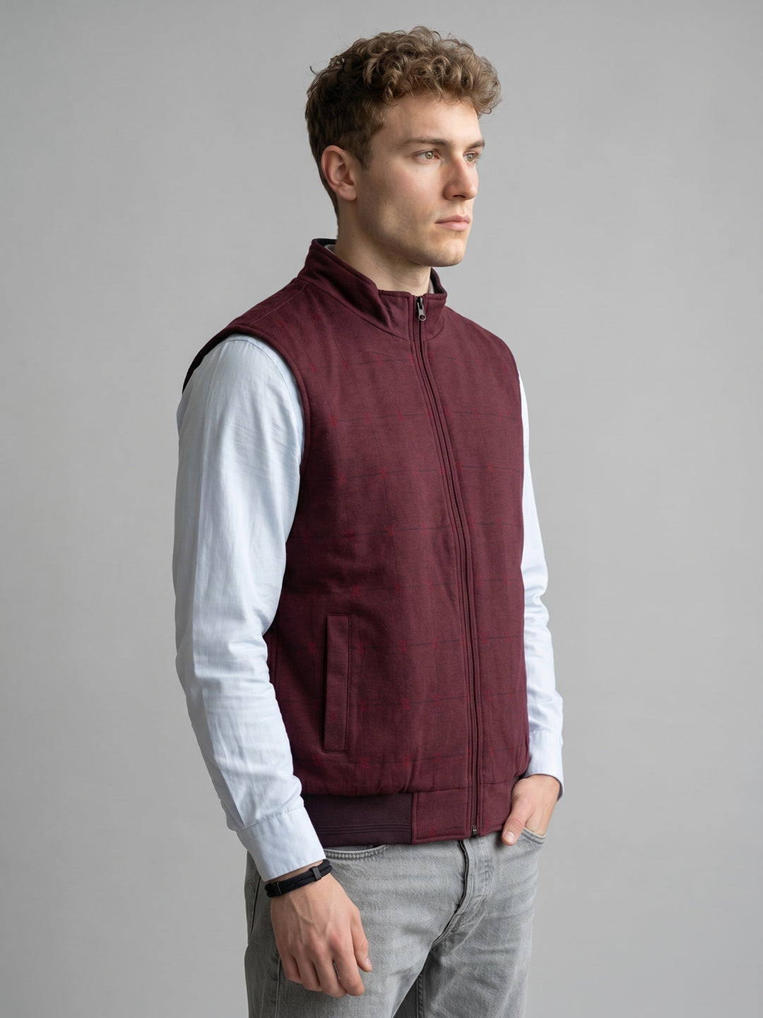 Men Navy Blue Solid Stand Collar Sleeveless Reversible Jacket