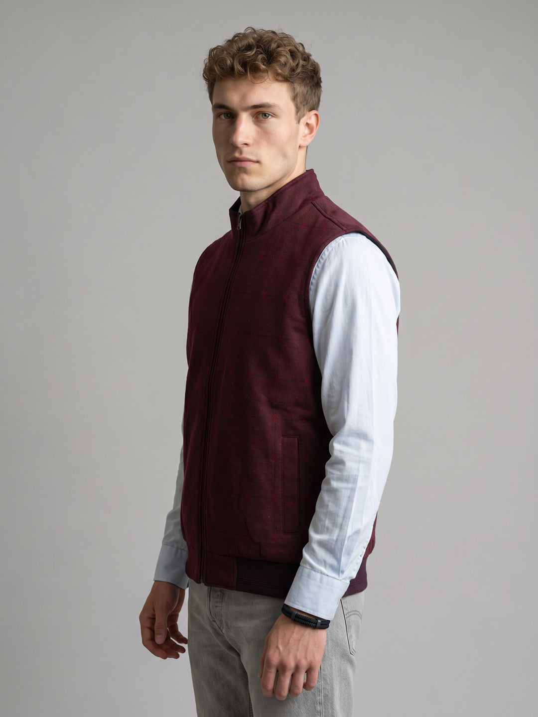 Men Navy Blue Solid Stand Collar Sleeveless Reversible Jacket