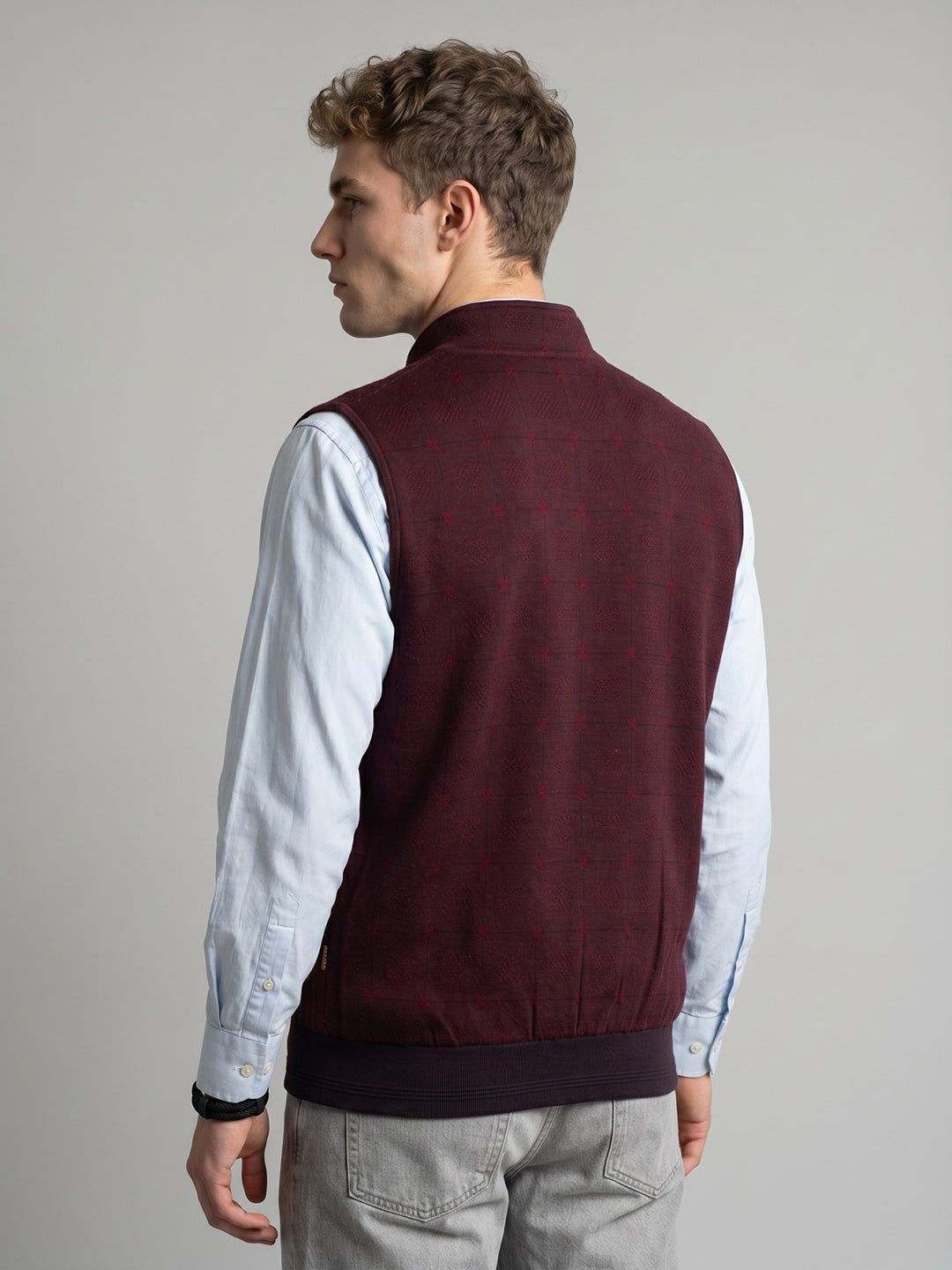 Men Navy Blue Solid Stand Collar Sleeveless Reversible Jacket