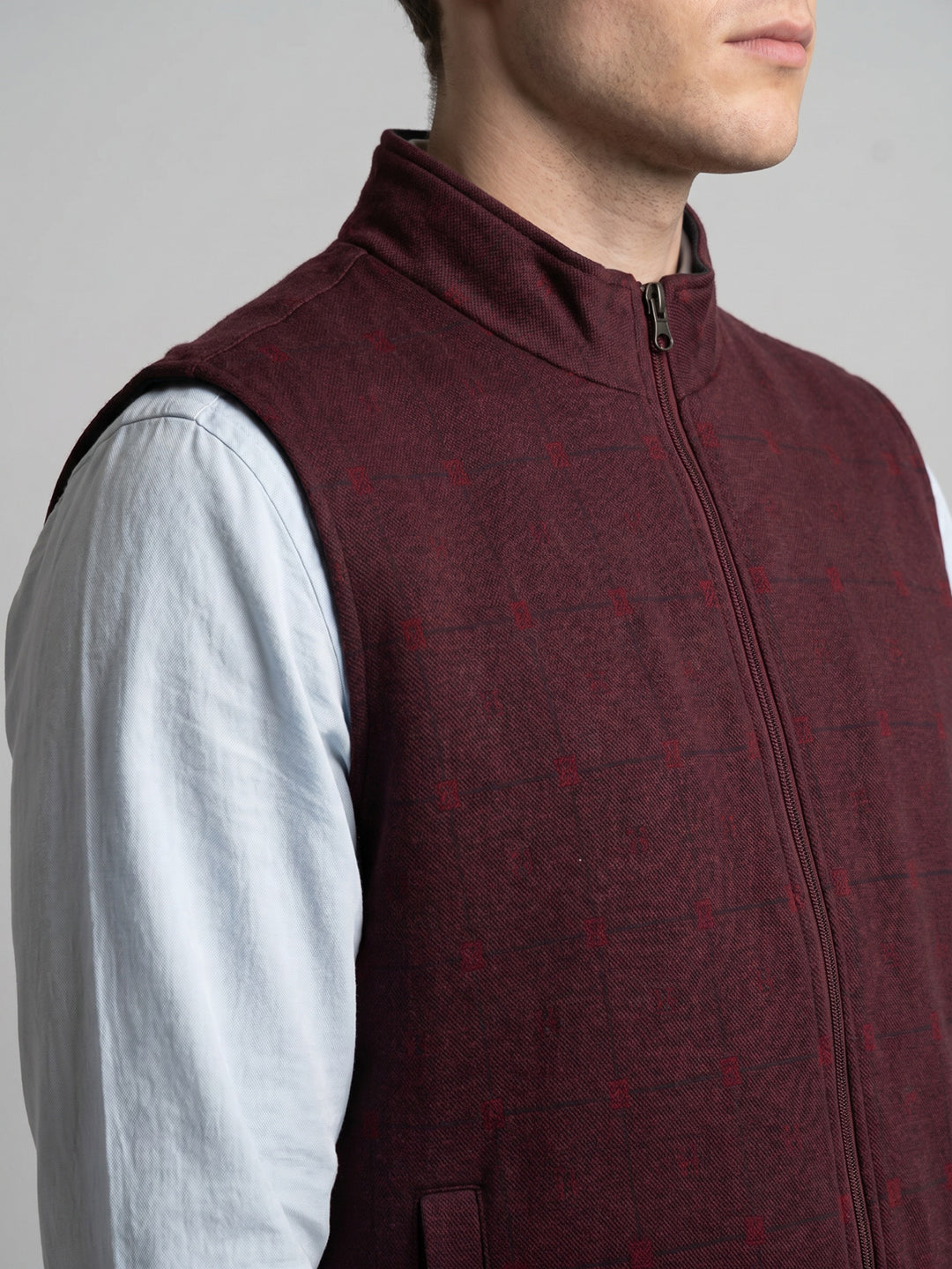 Men Navy Blue Solid Stand Collar Sleeveless Reversible Jacket