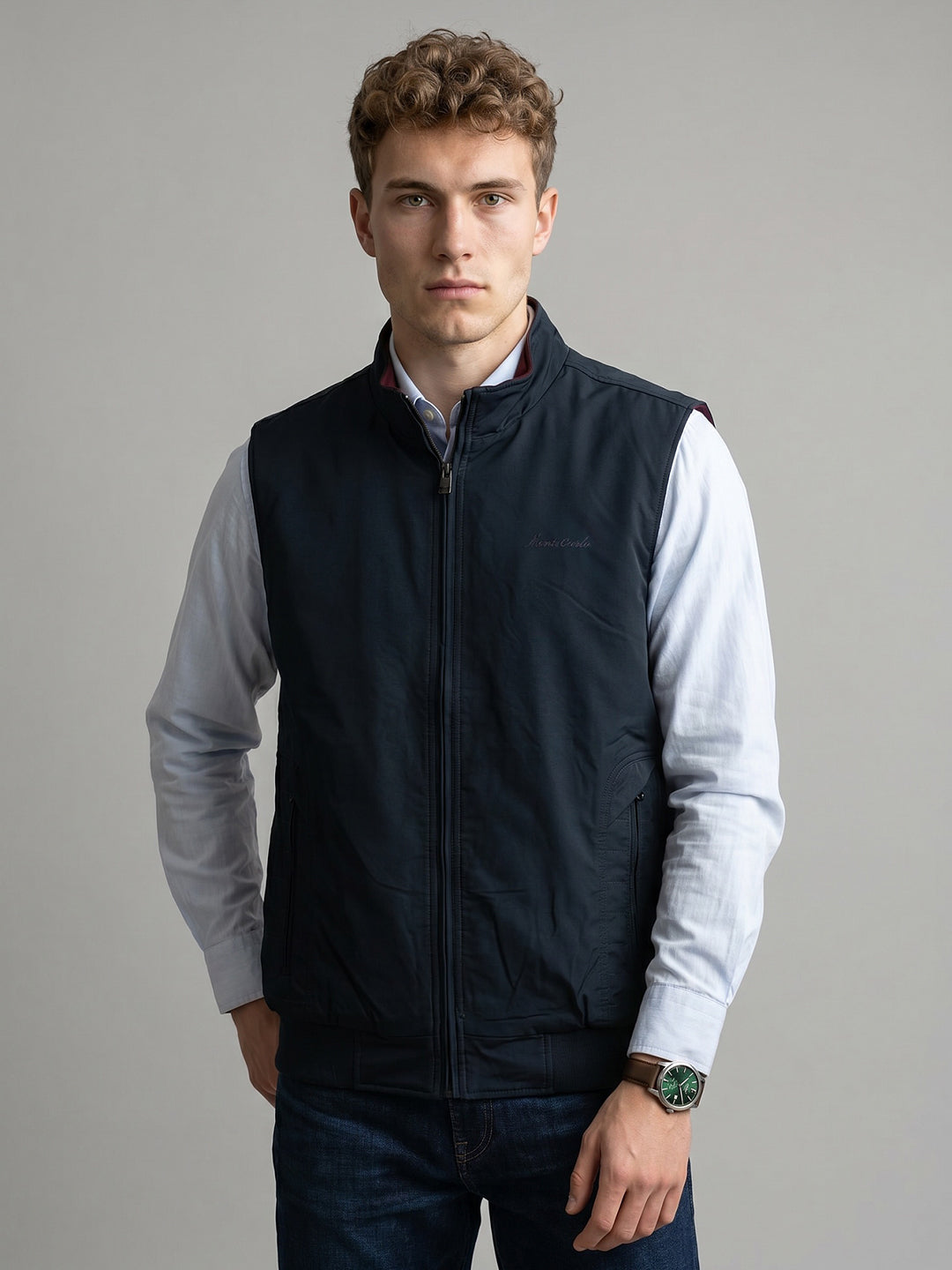 Men Navy Blue Solid Stand Collar Sleeveless Reversible Jacket