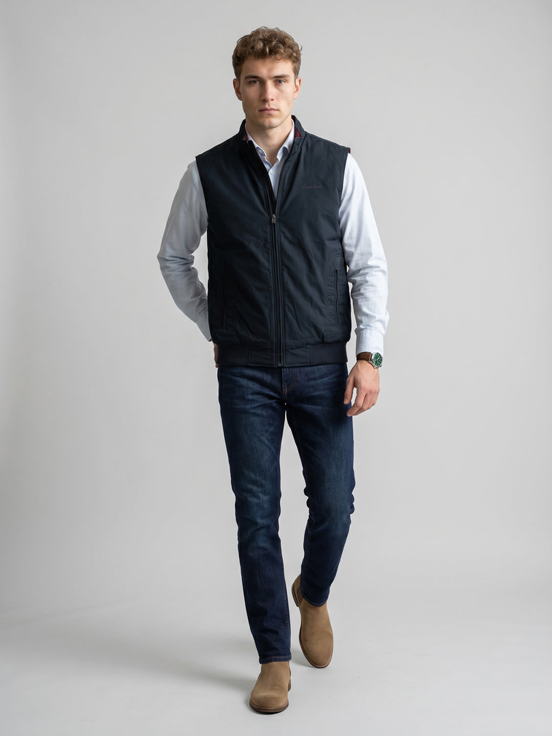 Men Navy Blue Solid Stand Collar Sleeveless Reversible Jacket