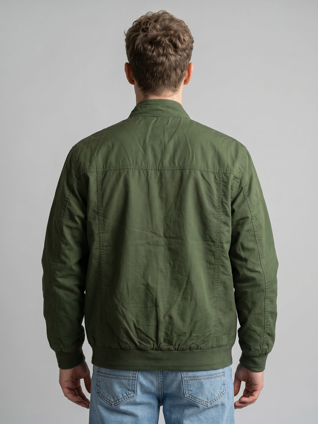 Men Green Solid Stand Collar Full Sleeve Bomber Jacket