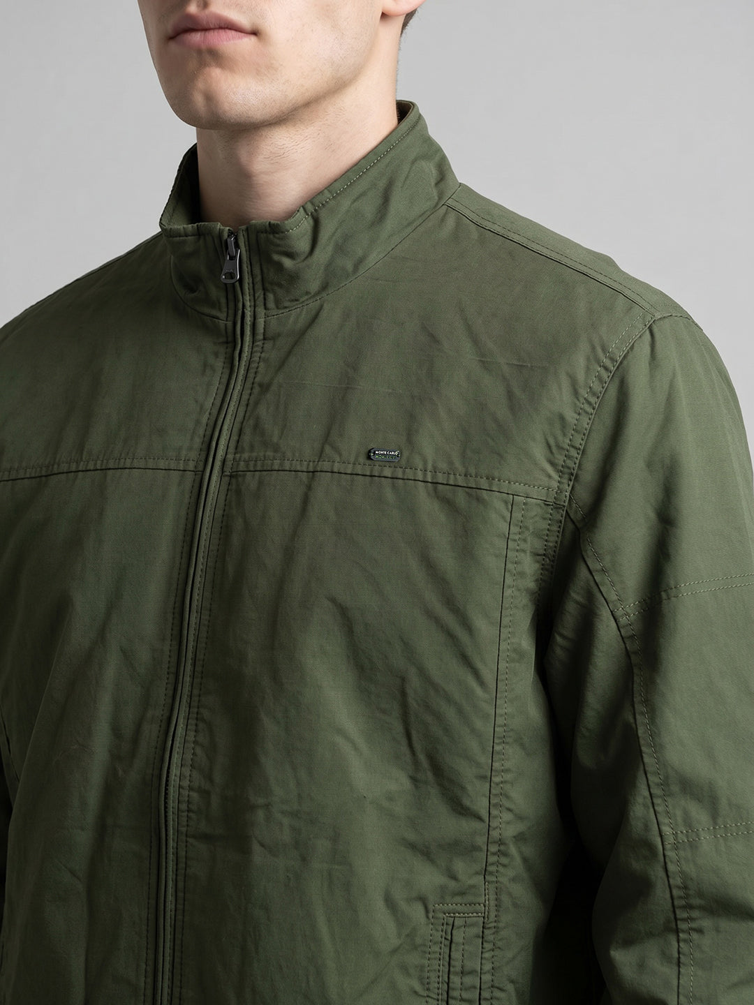 Men Green Solid Stand Collar Full Sleeve Bomber Jacket