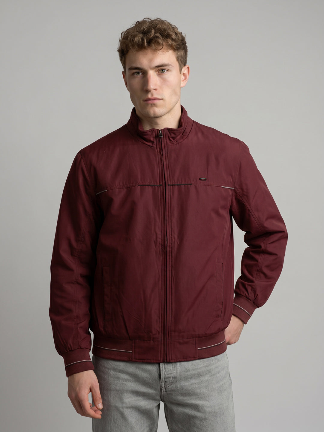 Men Brown Solid Stand Collar Full Sleeve Bomber Jacket