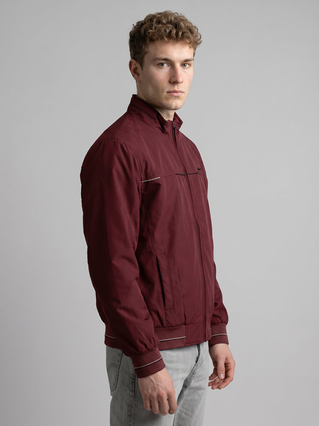Men Brown Solid Stand Collar Full Sleeve Bomber Jacket