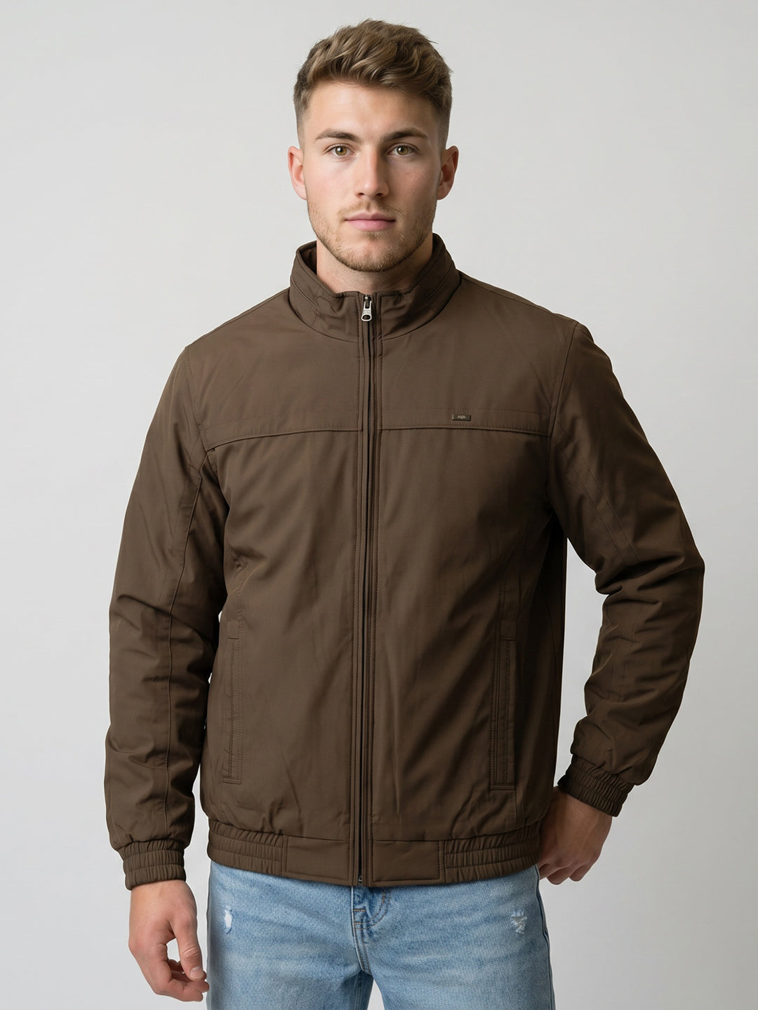 Men Mustard Solid Collar Full Sleeve Bomber Jacket