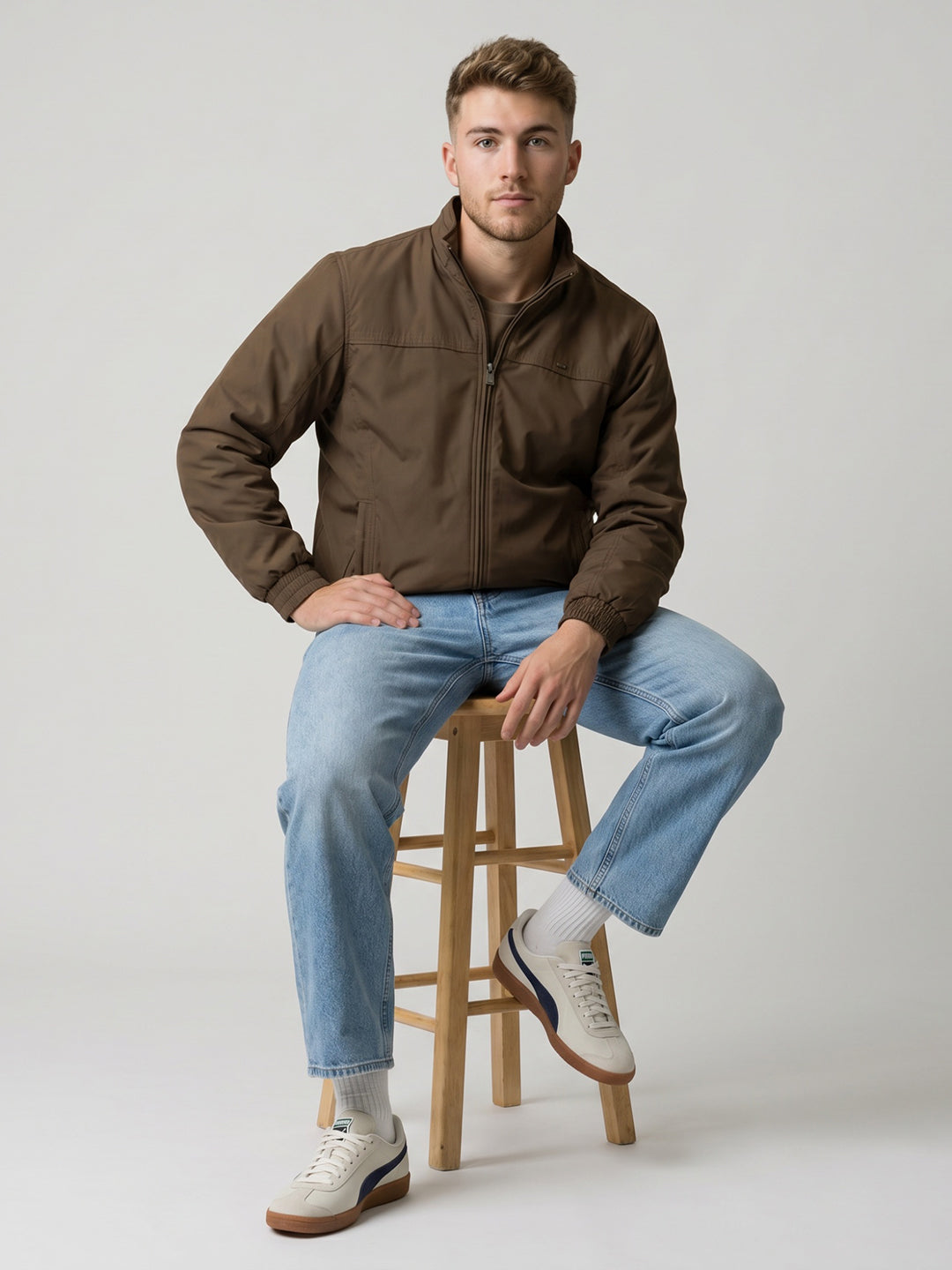 Men Mustard Solid Collar Full Sleeve Bomber Jacket