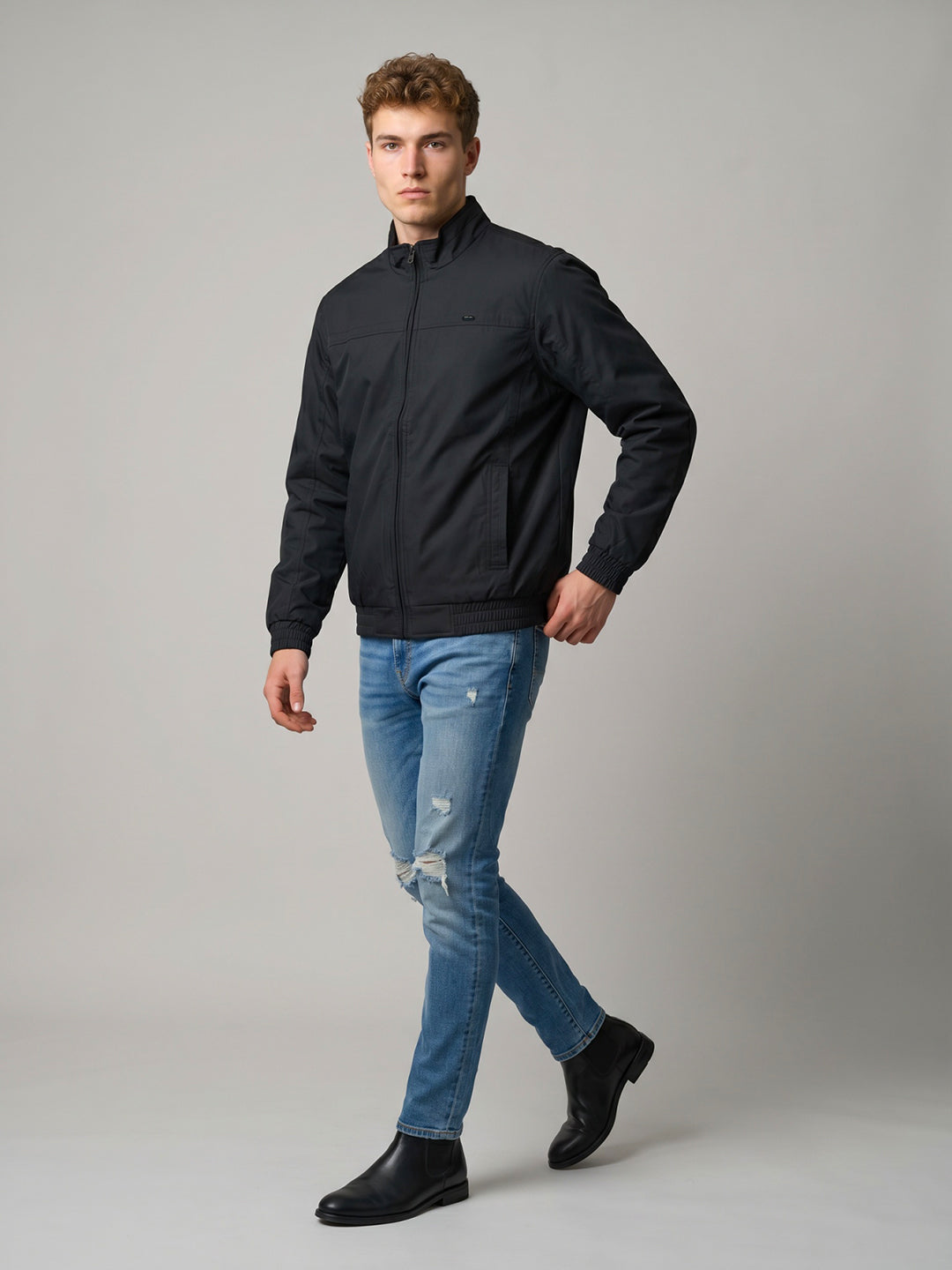 Men Navy Blue Solid Collar Full Sleeve Bomber Jacket