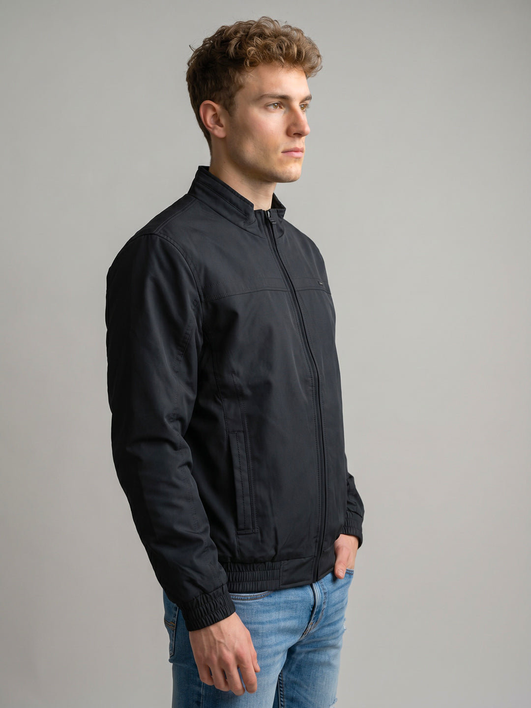 Men Navy Blue Solid Collar Full Sleeve Bomber Jacket
