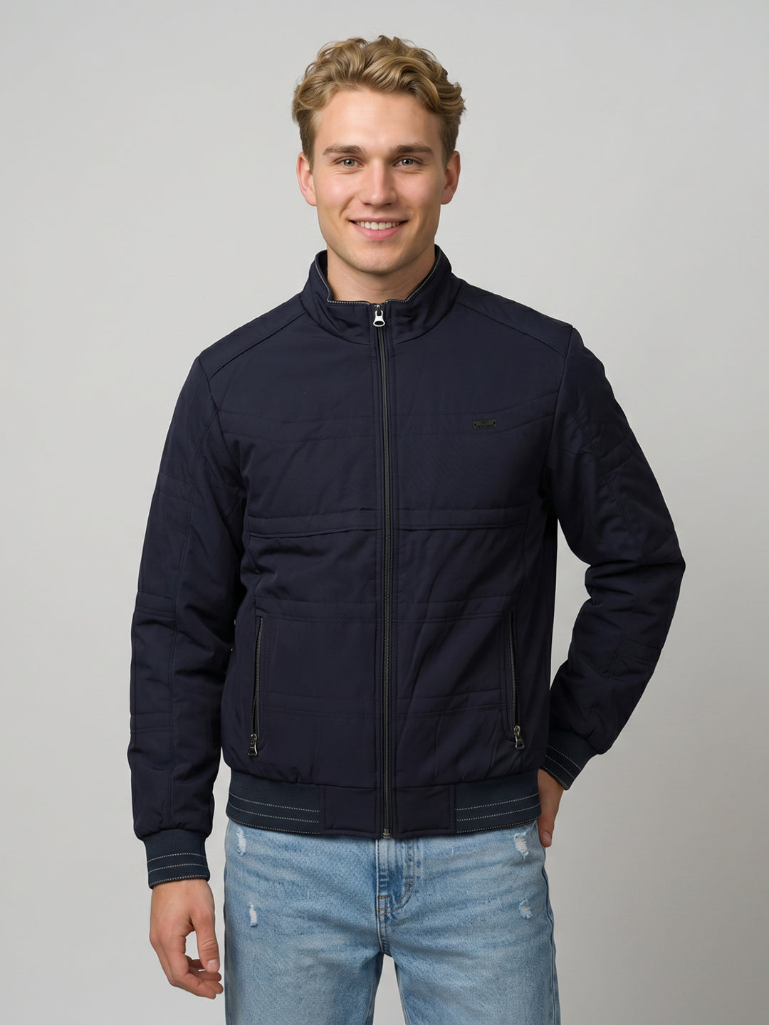Men Navy Blue Solid Turtle Neck Full Sleeve Bomber Jacket