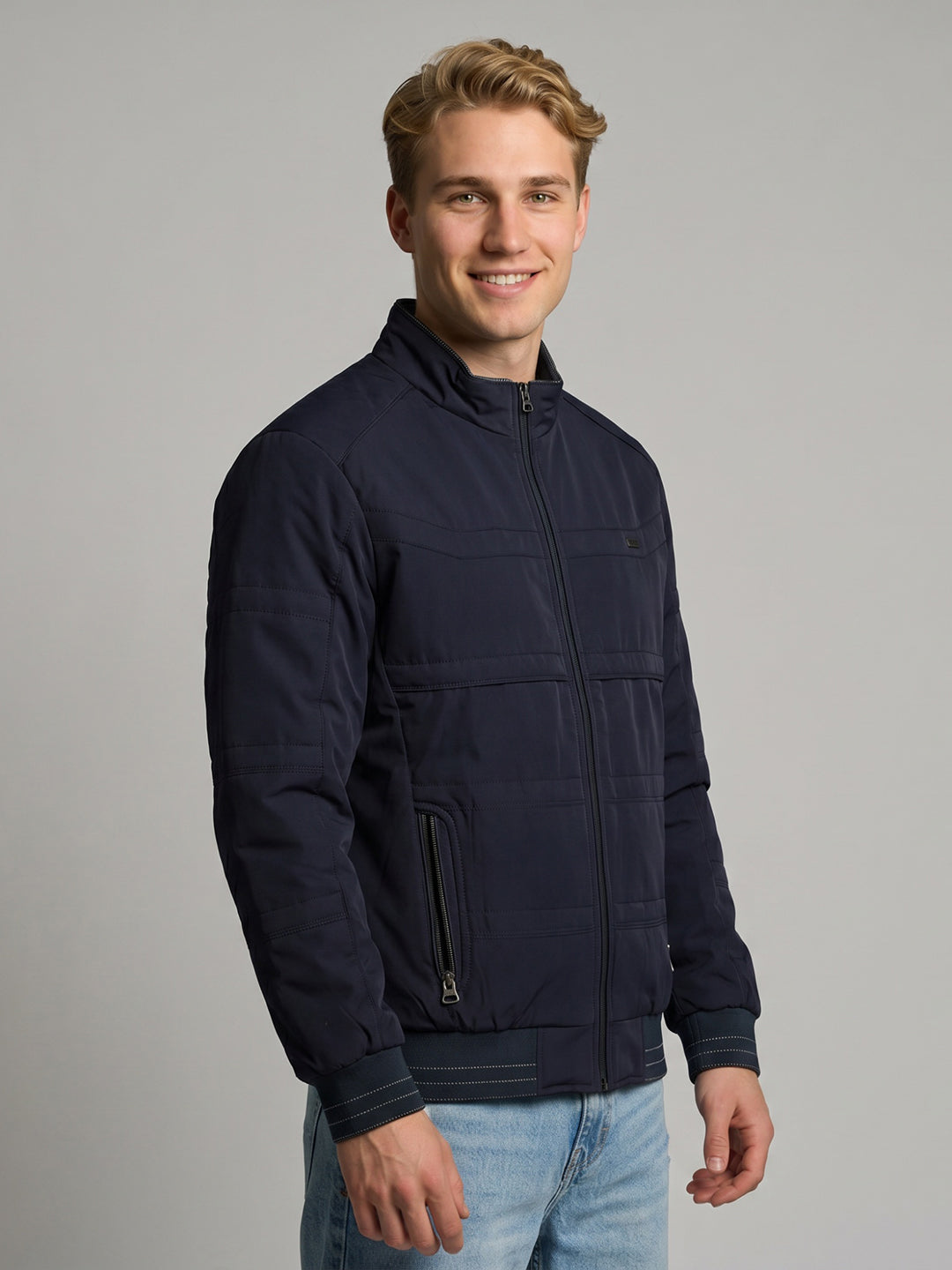 Men Navy Blue Solid Turtle Neck Full Sleeve Bomber Jacket