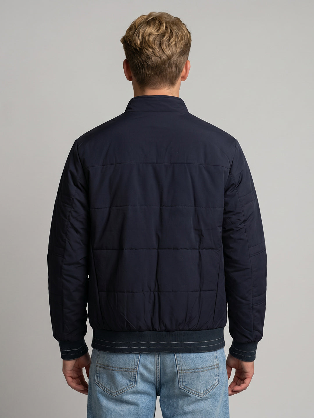 Men Navy Blue Solid Turtle Neck Full Sleeve Bomber Jacket