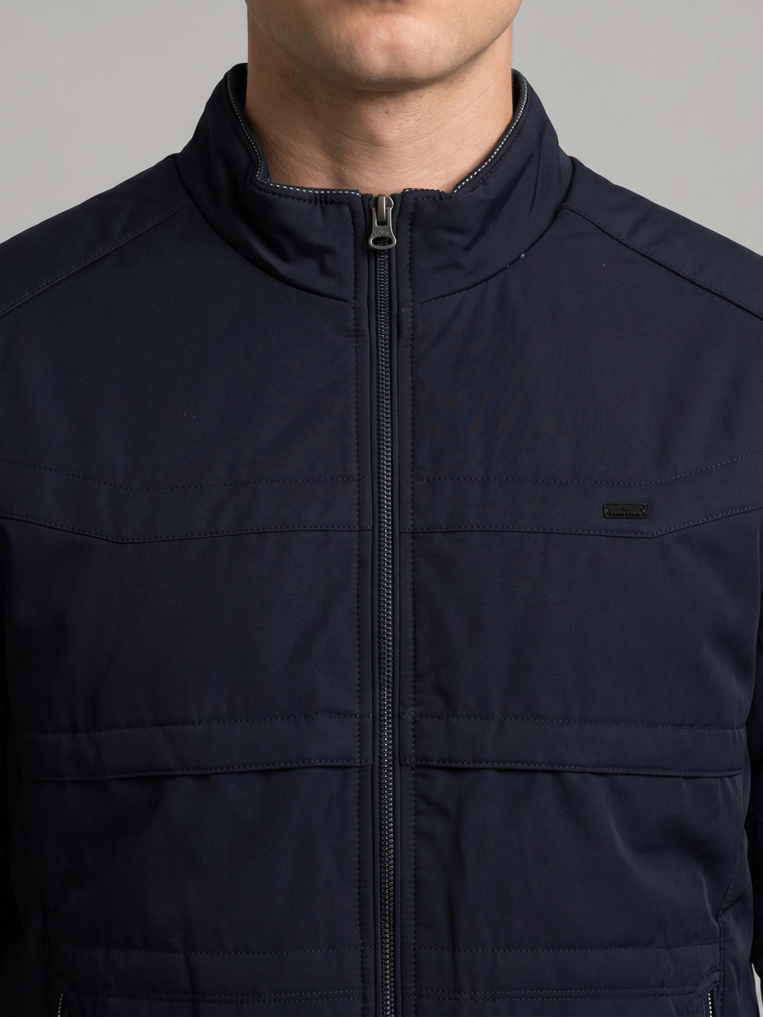 Men Navy Blue Solid Turtle Neck Full Sleeve Bomber Jacket