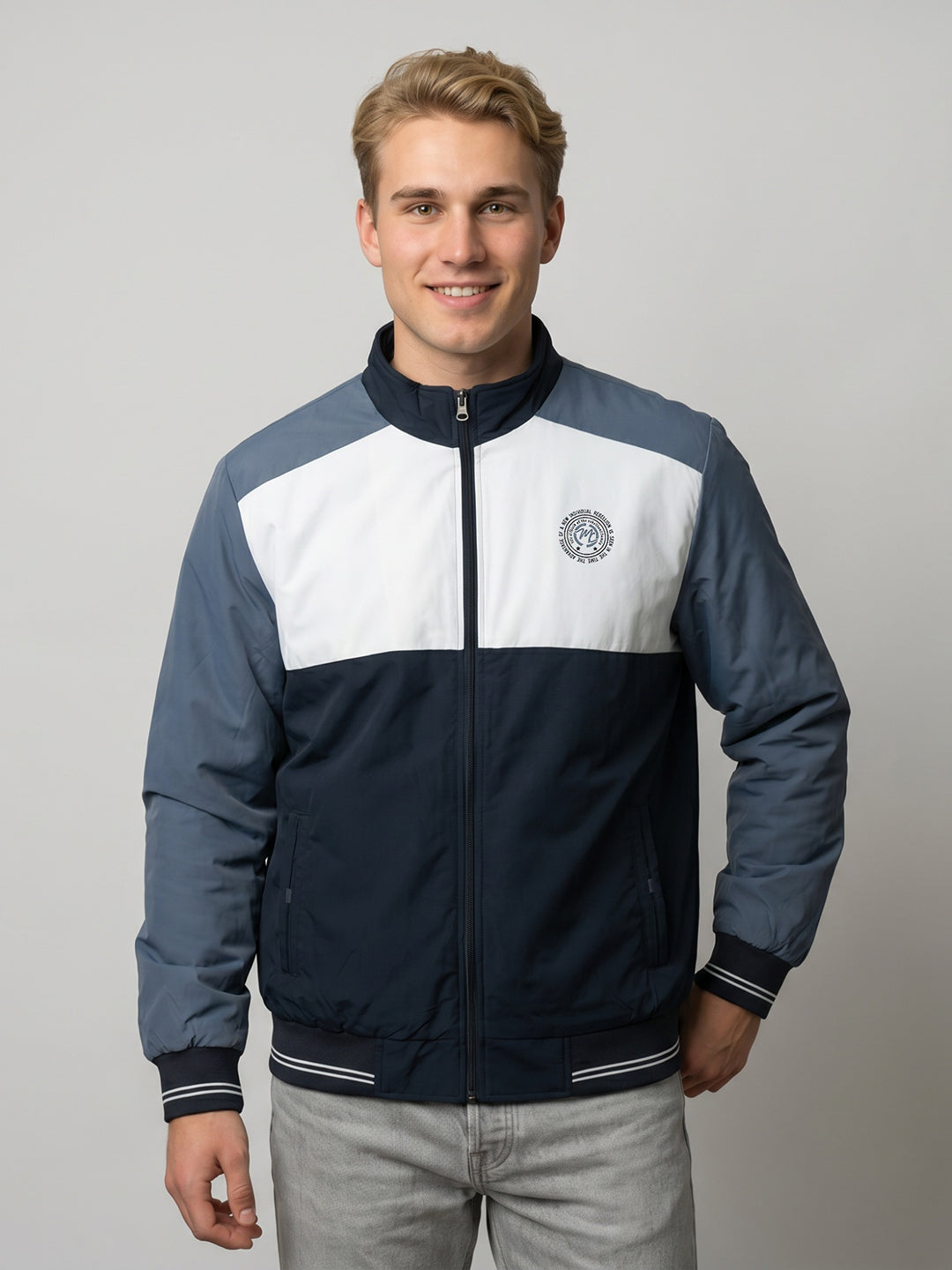 Men Navy Blue Solid Turtle Neck Full Sleeve Bomber Jacket