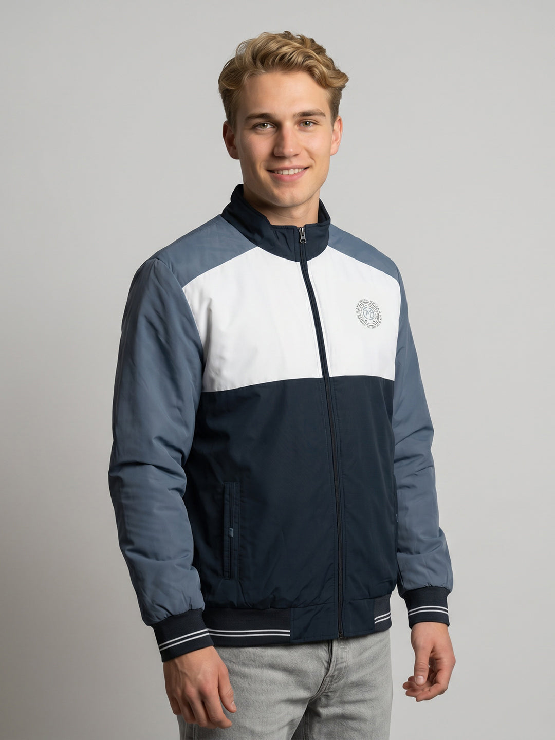 Men Navy Blue Solid Turtle Neck Full Sleeve Bomber Jacket