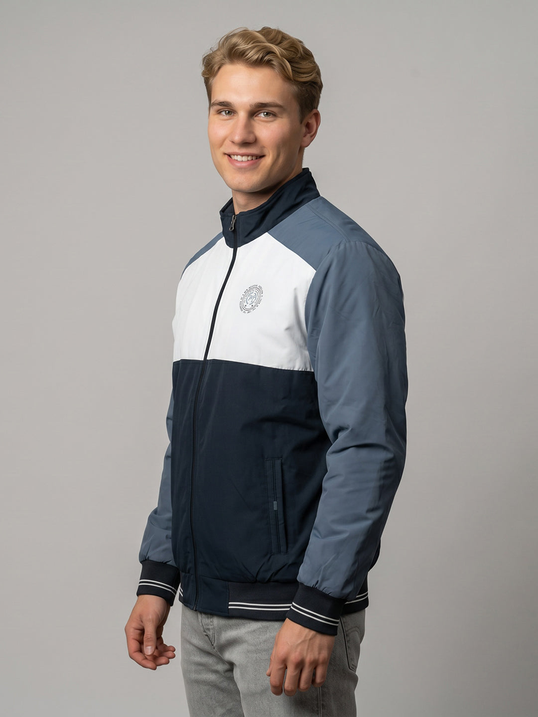 Men Navy Blue Solid Turtle Neck Full Sleeve Bomber Jacket