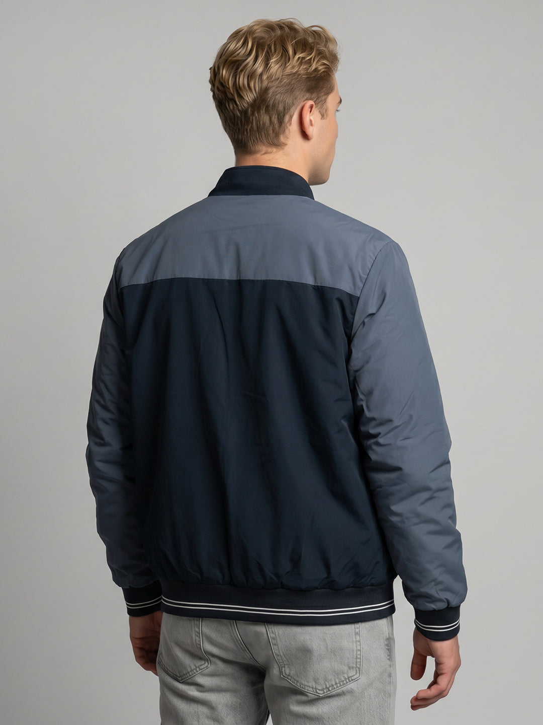 Men Navy Blue Solid Turtle Neck Full Sleeve Bomber Jacket