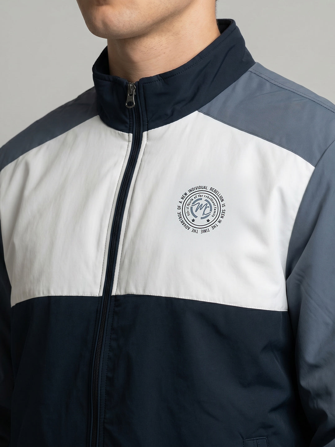 Men Navy Blue Solid Turtle Neck Full Sleeve Bomber Jacket